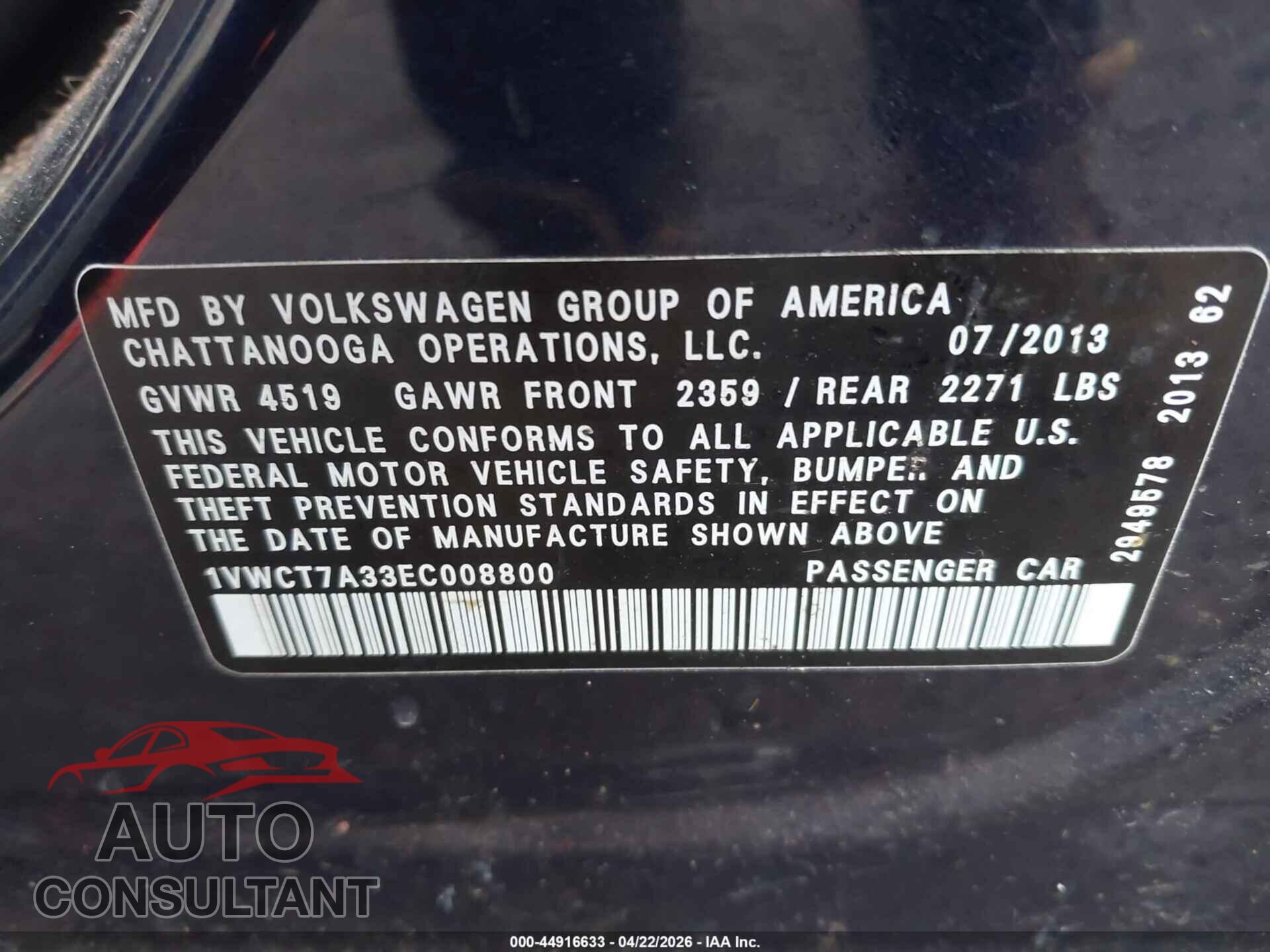 VOLKSWAGEN PASSAT 2014 - 1VWCT7A33EC008800