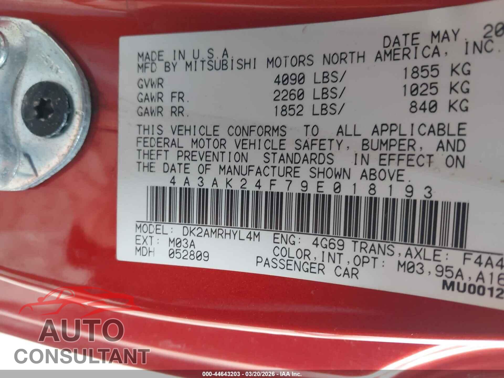 MITSUBISHI ECLIPSE 2009 - 4A3AK24F79E018193
