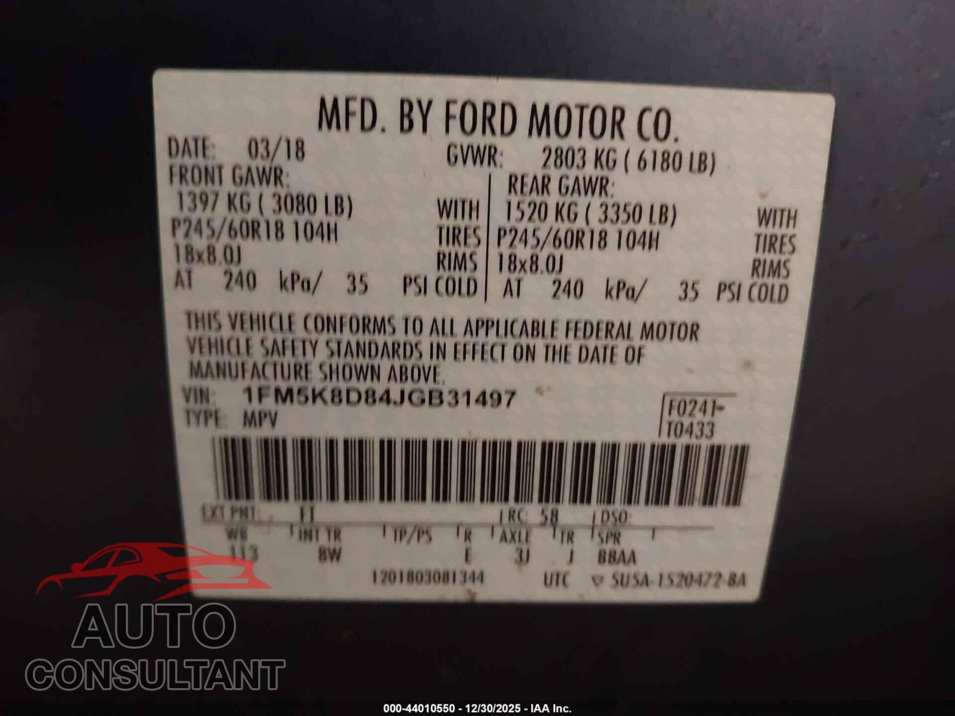 FORD EXPLORER 2018 - 1FM5K8D84JGB31497