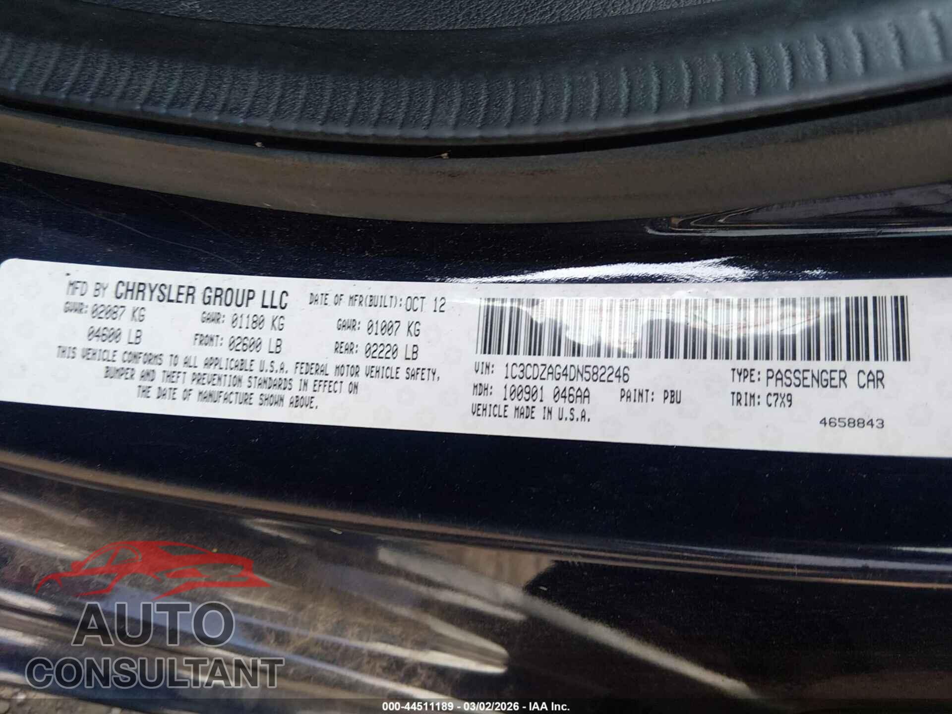 DODGE AVENGER 2013 - 1C3CDZAG4DN582246