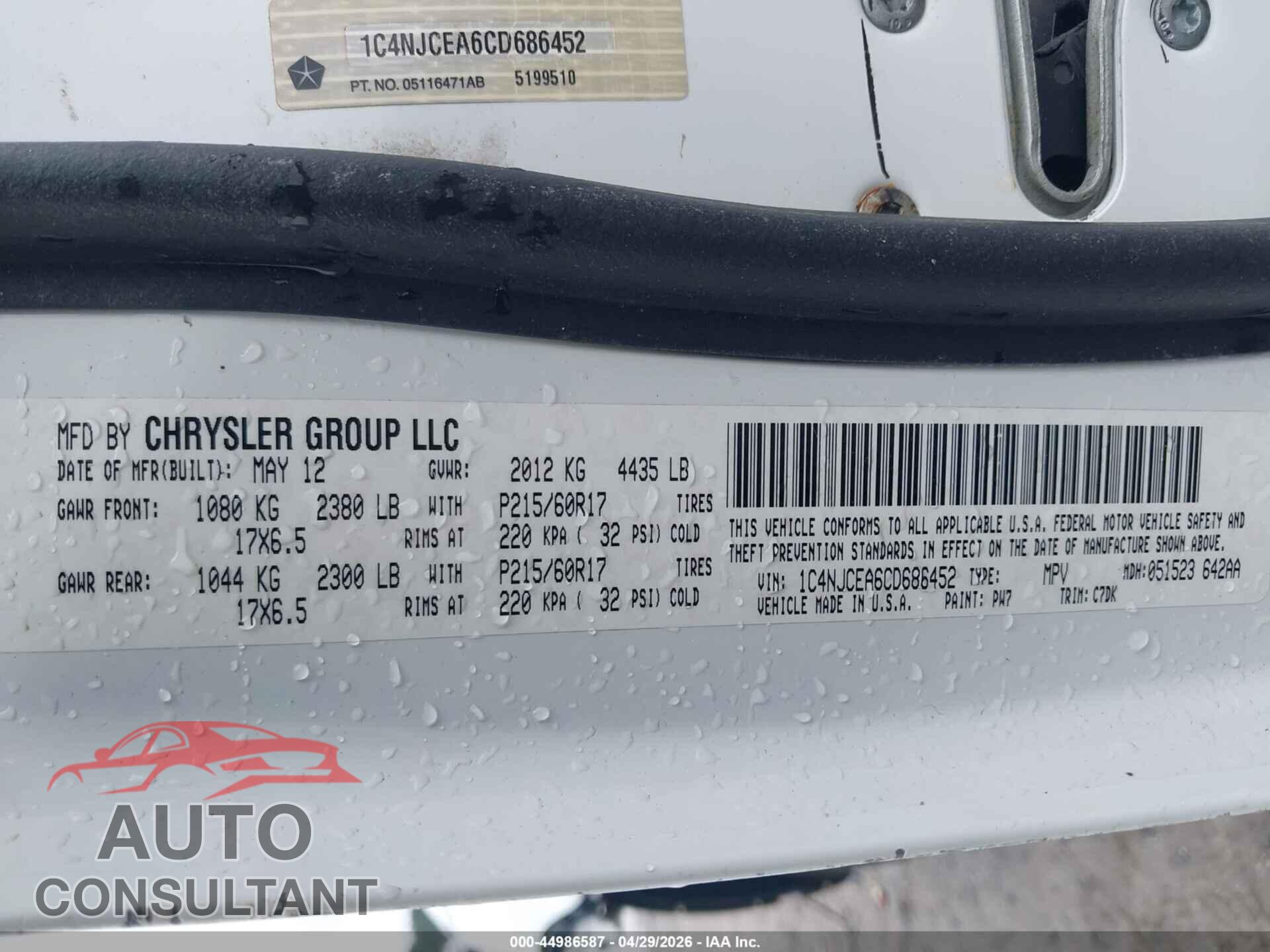 JEEP COMPASS 2012 - 1C4NJCEA6CD686452