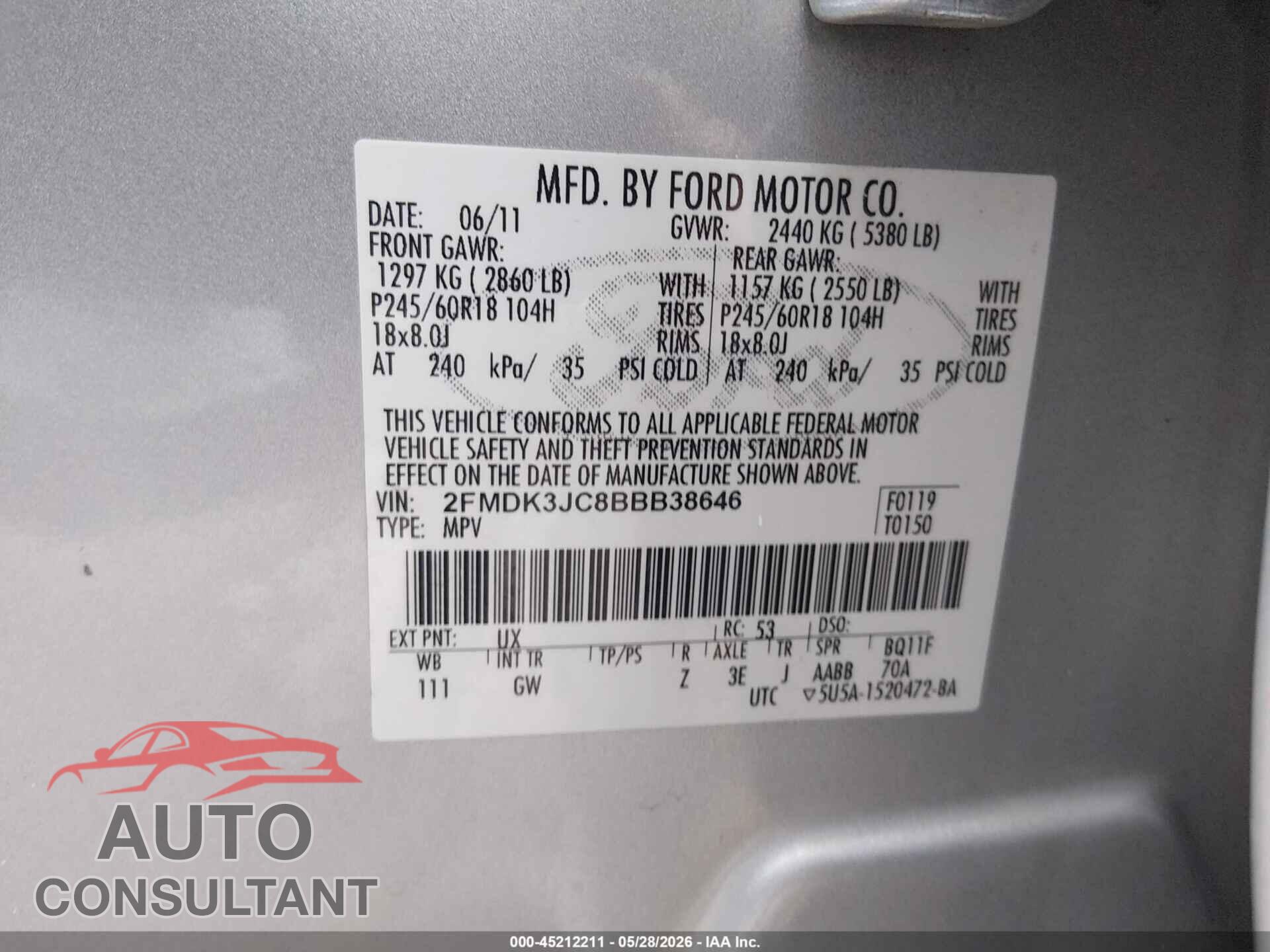 FORD EDGE 2011 - 2FMDK3JC8BBB38646