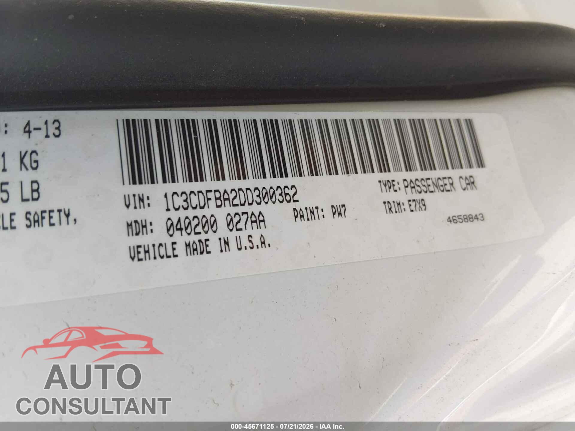 DODGE DART 2013 - 1C3CDFBA2DD300362
