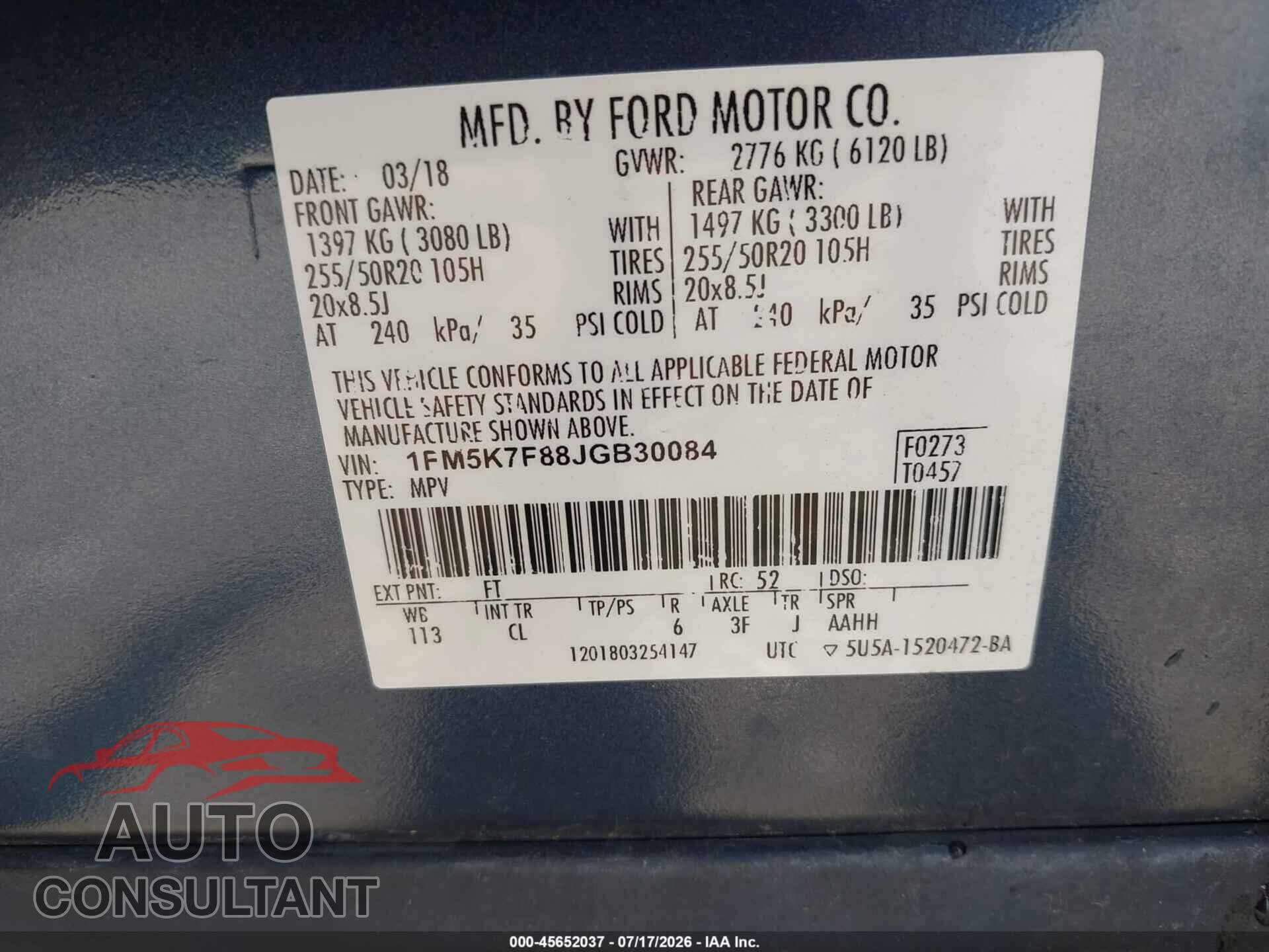 FORD EXPLORER 2018 - 1FM5K7F88JGB30084