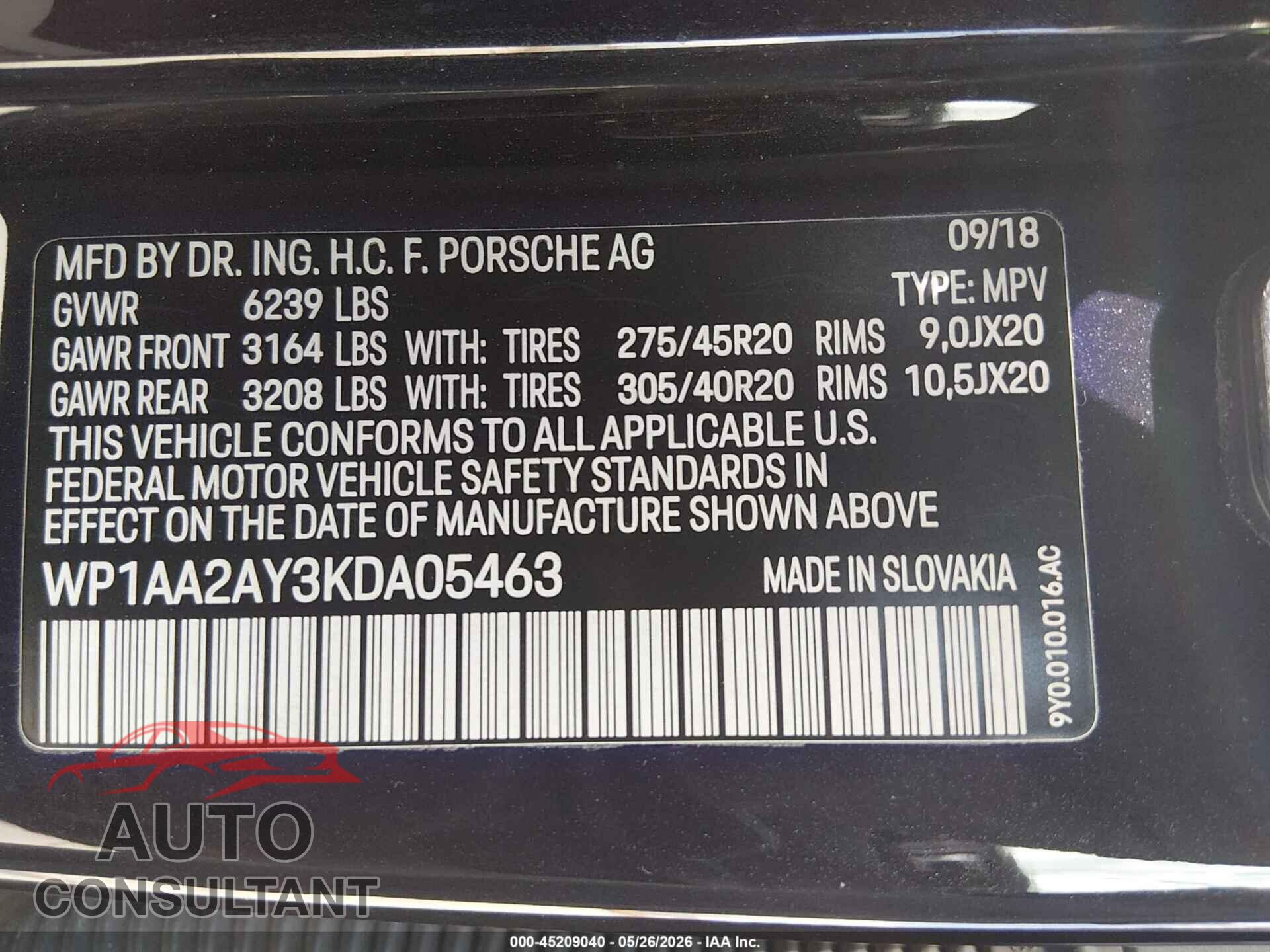 PORSCHE CAYENNE 2019 - WP1AA2AY3KDA05463