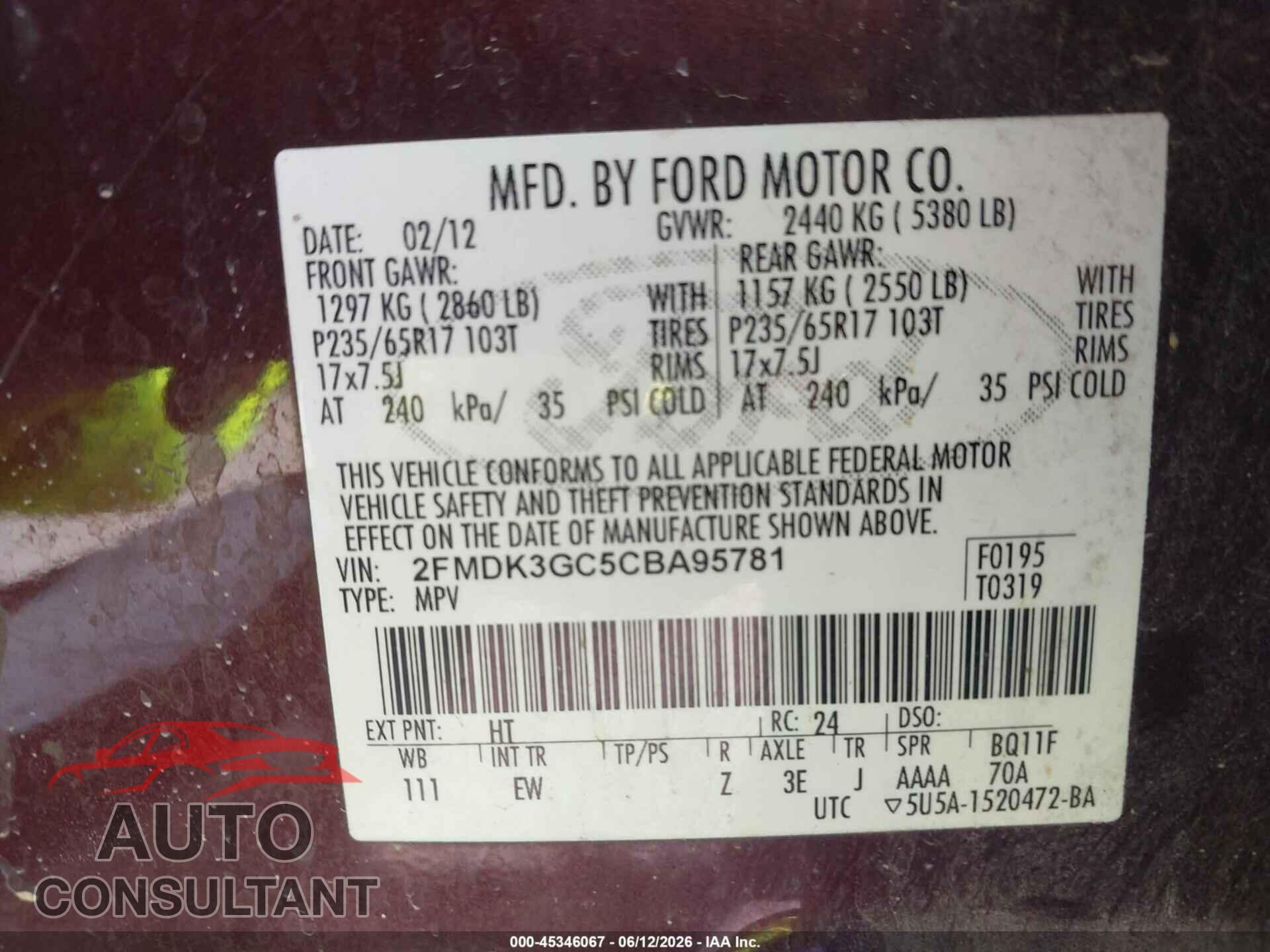 FORD EDGE 2012 - 2FMDK3GC5CBA95781