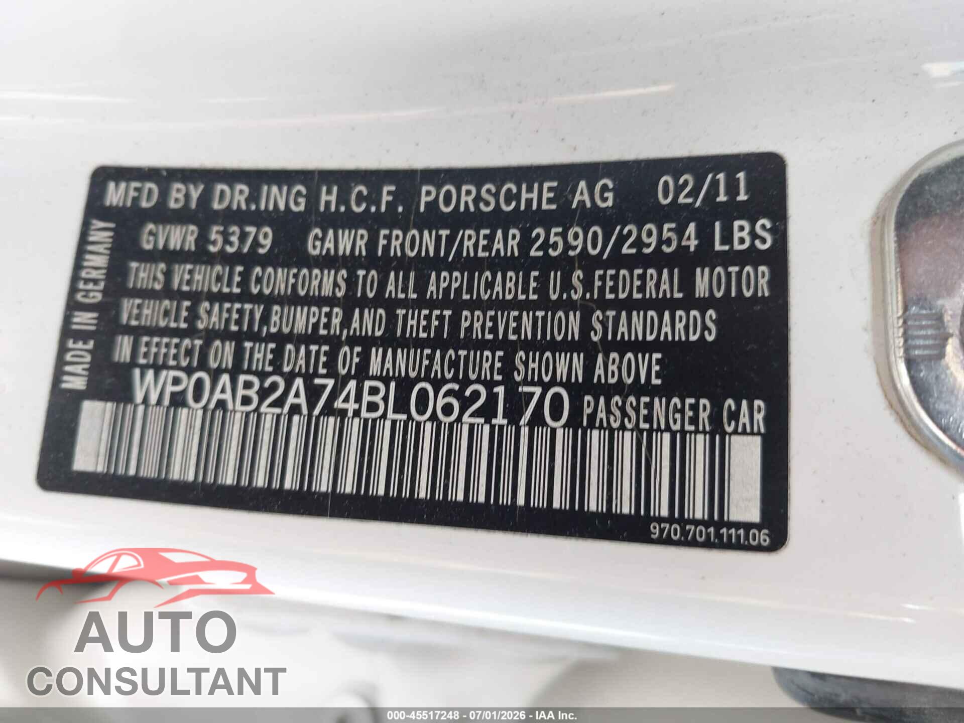 PORSCHE PANAMERA 2011 - WP0AB2A74BL062170