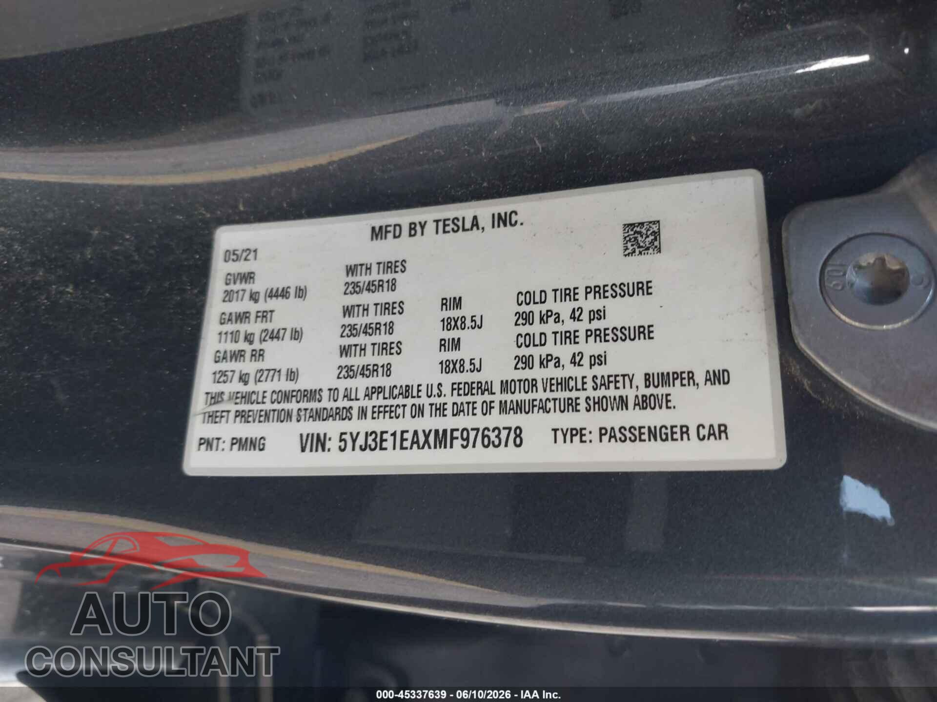 TESLA MODEL 3 2021 - 5YJ3E1EAXMF976378