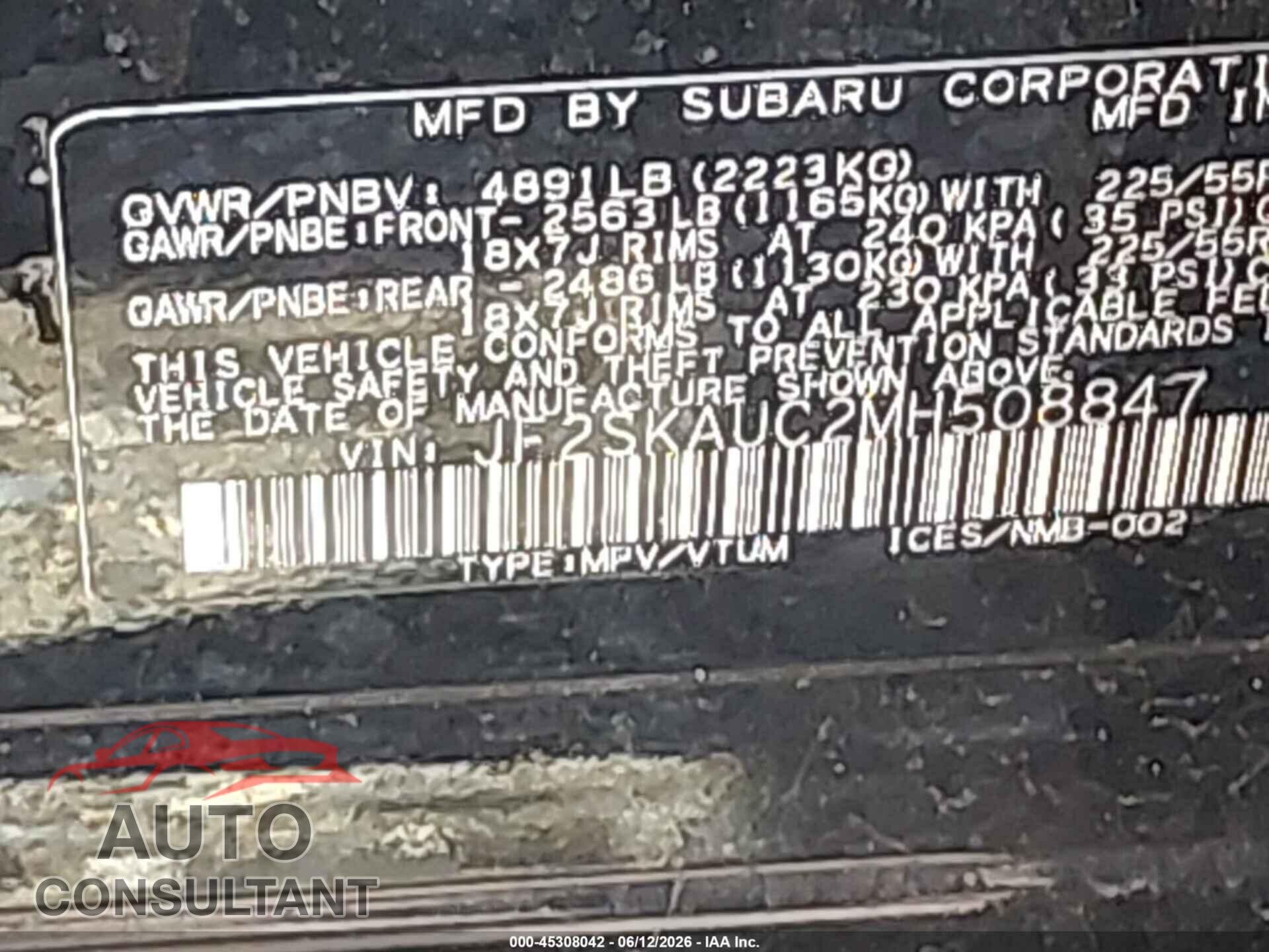 SUBARU FORESTER 2021 - JF2SKAUC2MH508847