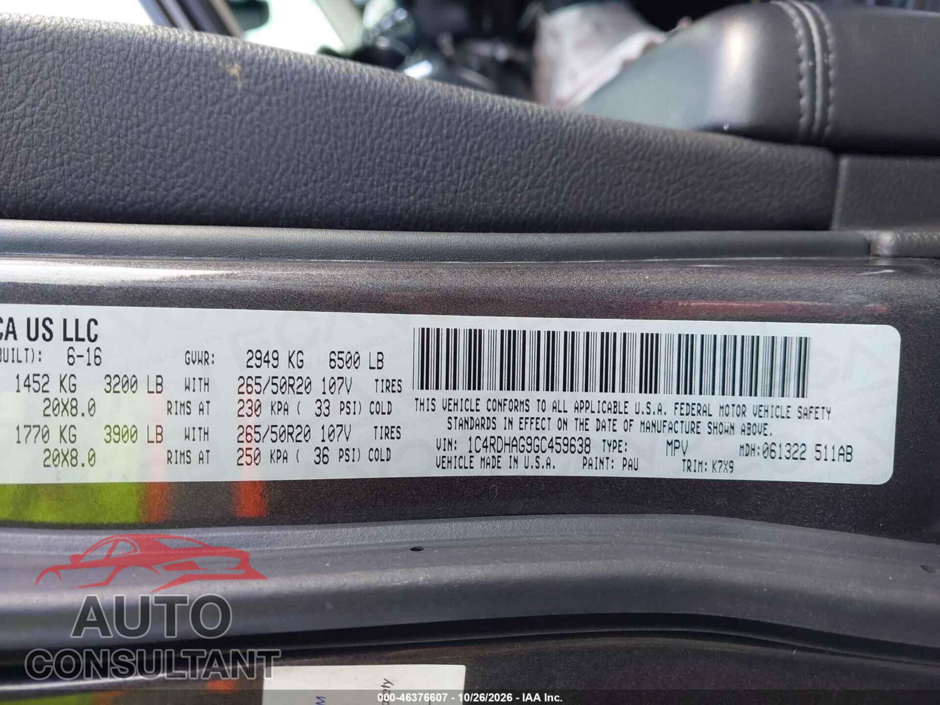 DODGE DURANGO 2016 - 1C4RDHAG9GC459638
