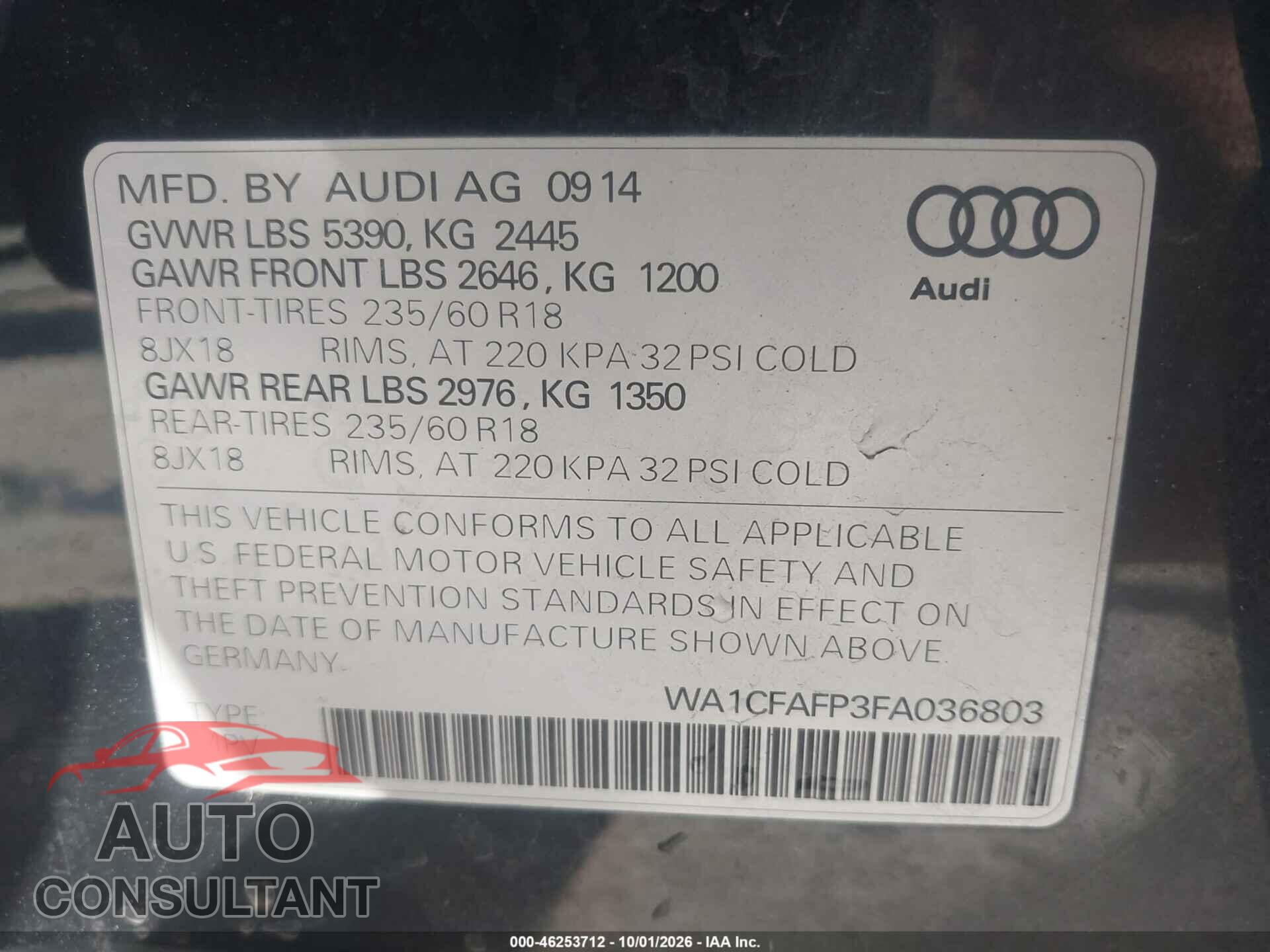 AUDI Q5 2015 - WA1CFAFP3FA036803