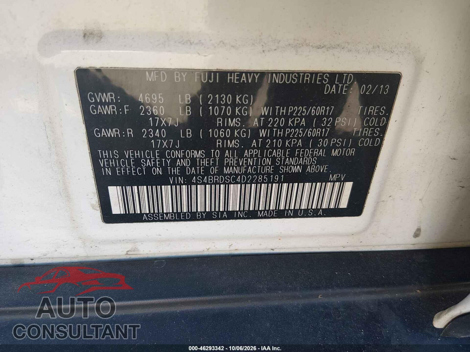 SUBARU OUTBACK 2013 - 4S4BRDSC4D2285191