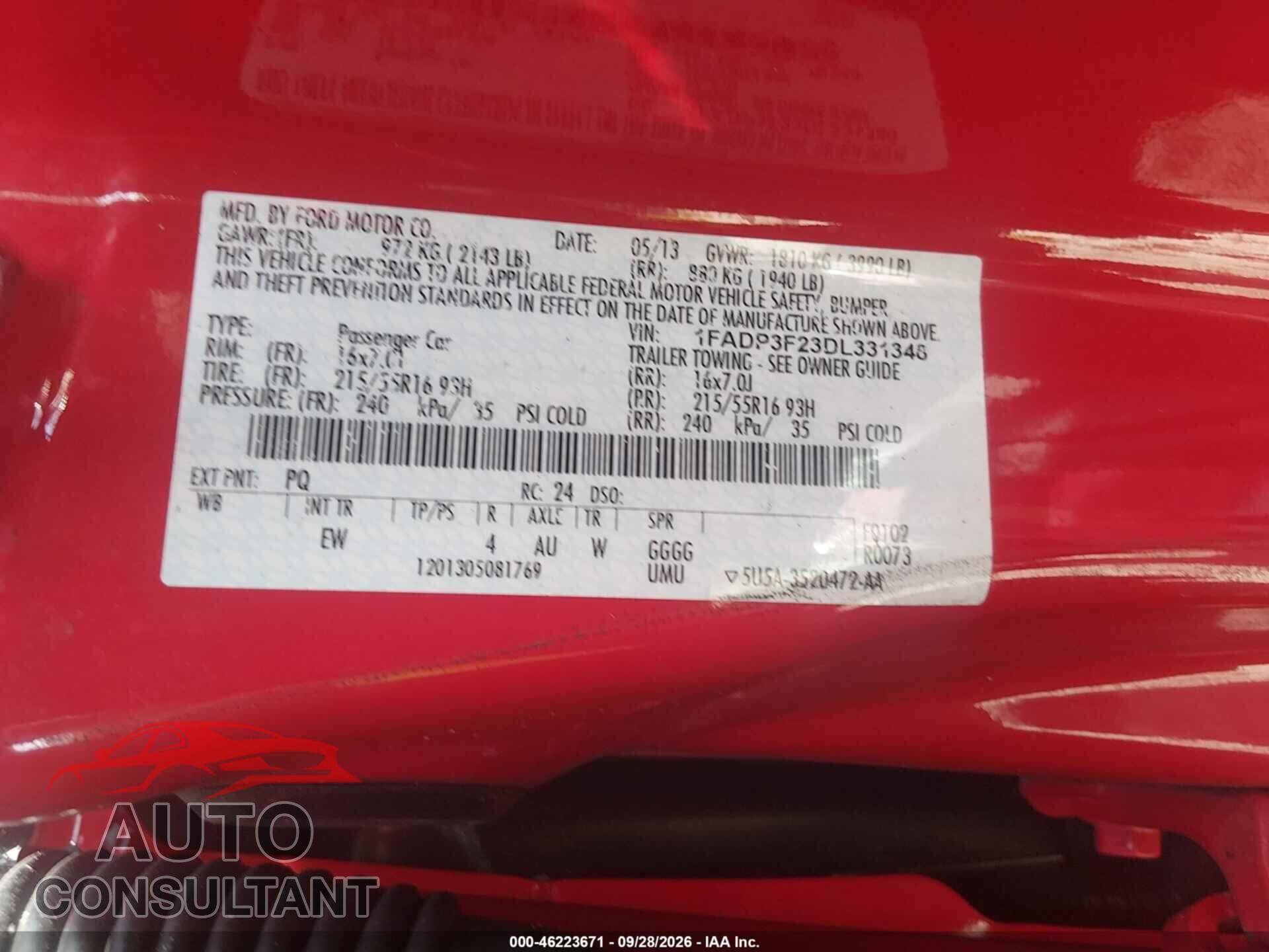 FORD FOCUS 2013 - 1FADP3F23DL331348