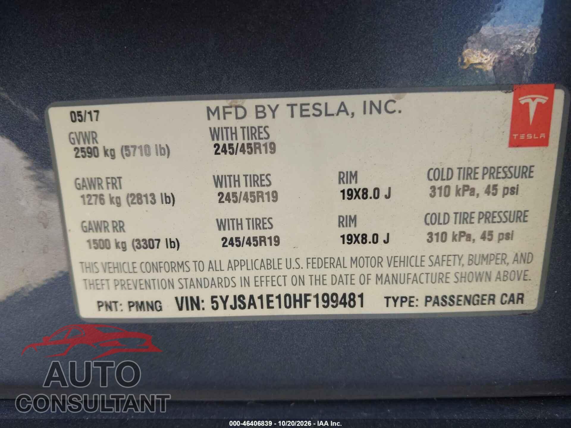 TESLA MODEL S 2017 - 5YJSA1E10HF199481