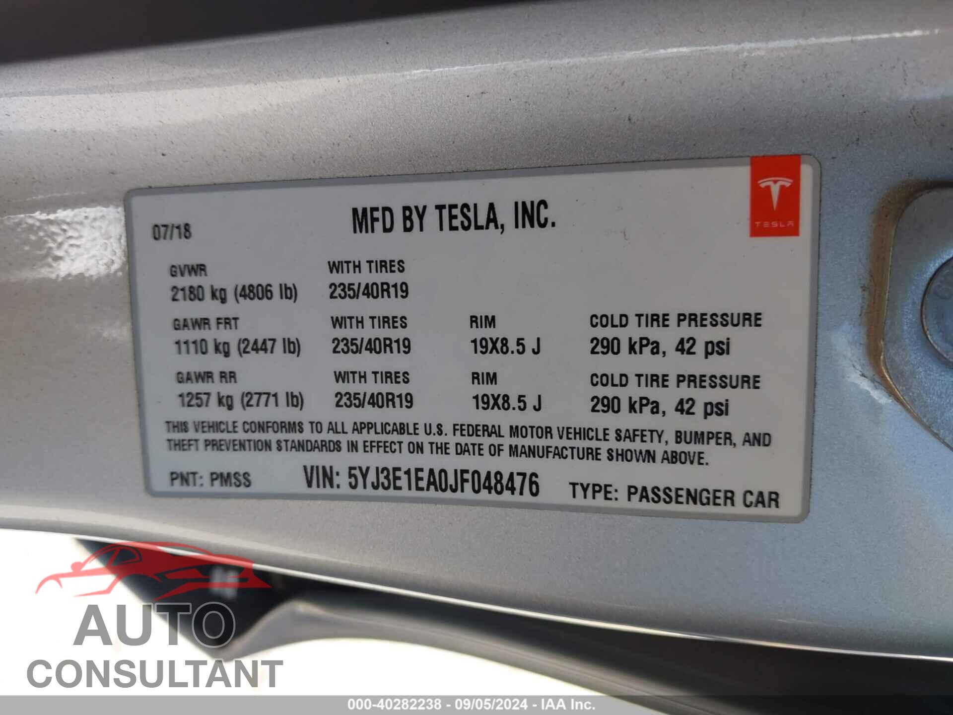 TESLA MODEL 3 2018 - 5YJ3E1EA0JF048476