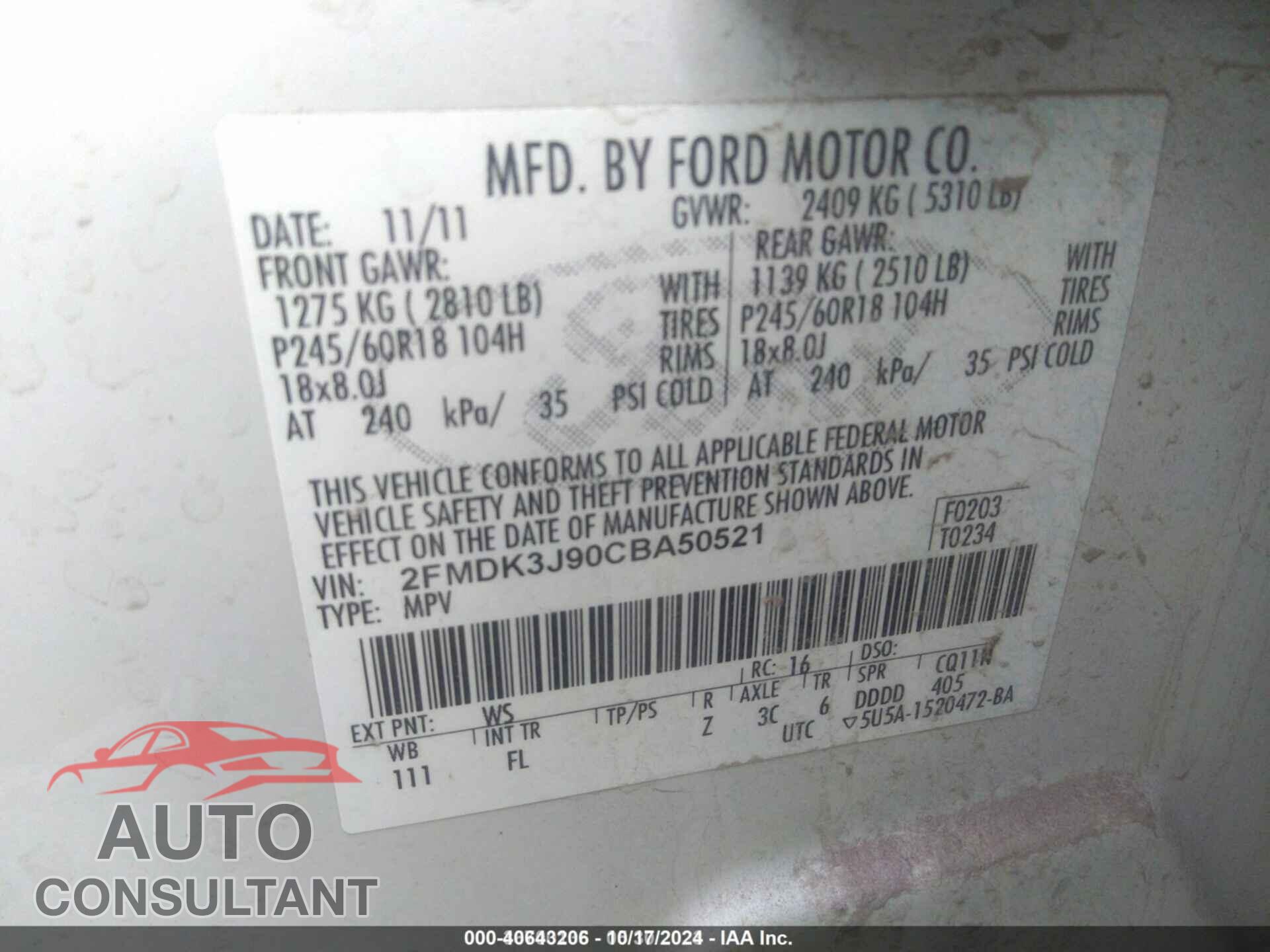 FORD EDGE 2012 - 2FMDK3J90CBA50521