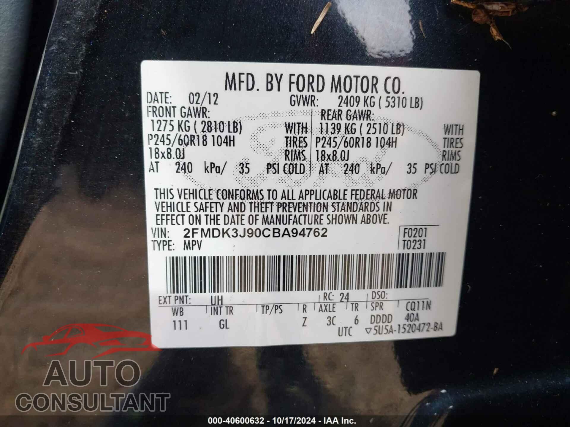 FORD EDGE 2012 - 2FMDK3J90CBA94762