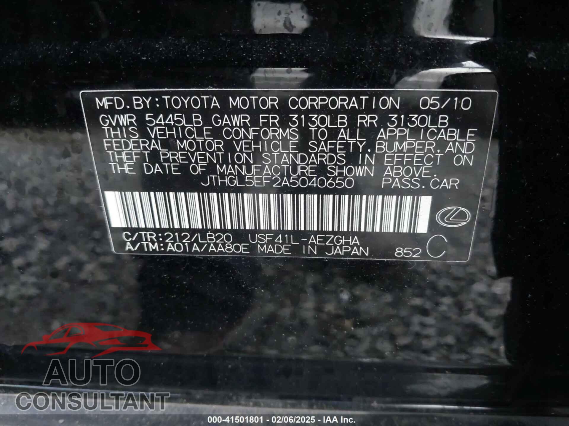 LEXUS LS 460 2010 - JTHGL5EF2A5040650