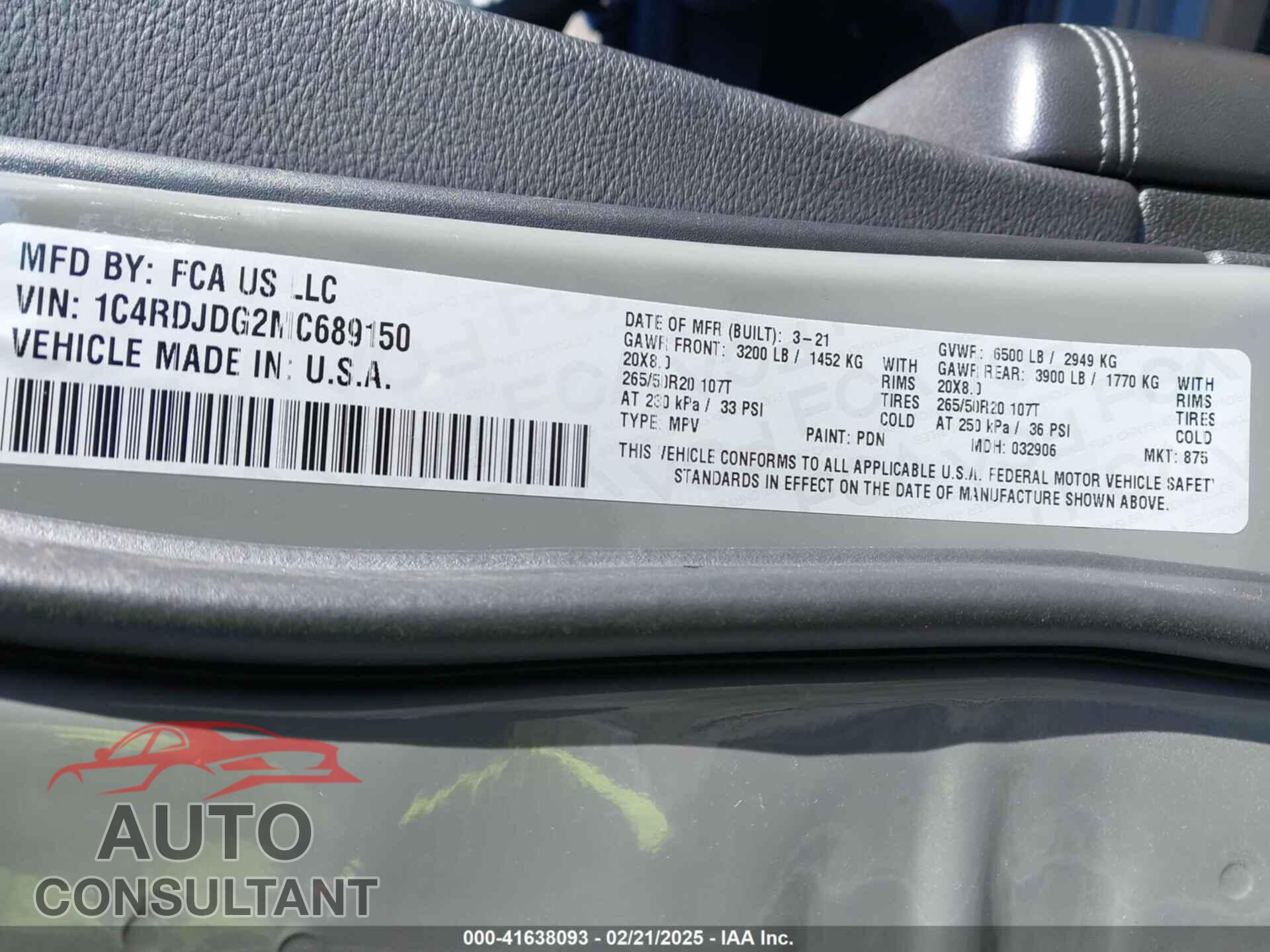 DODGE DURANGO 2021 - 1C4RDJDG2MC689150