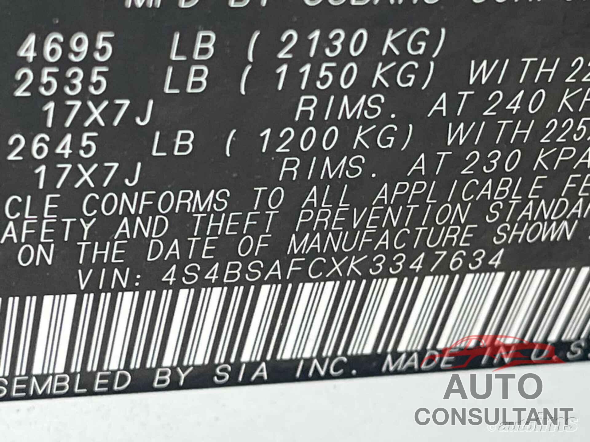 SUBARU OUTBACK 2019 - 4S4BSAFCXK3347634