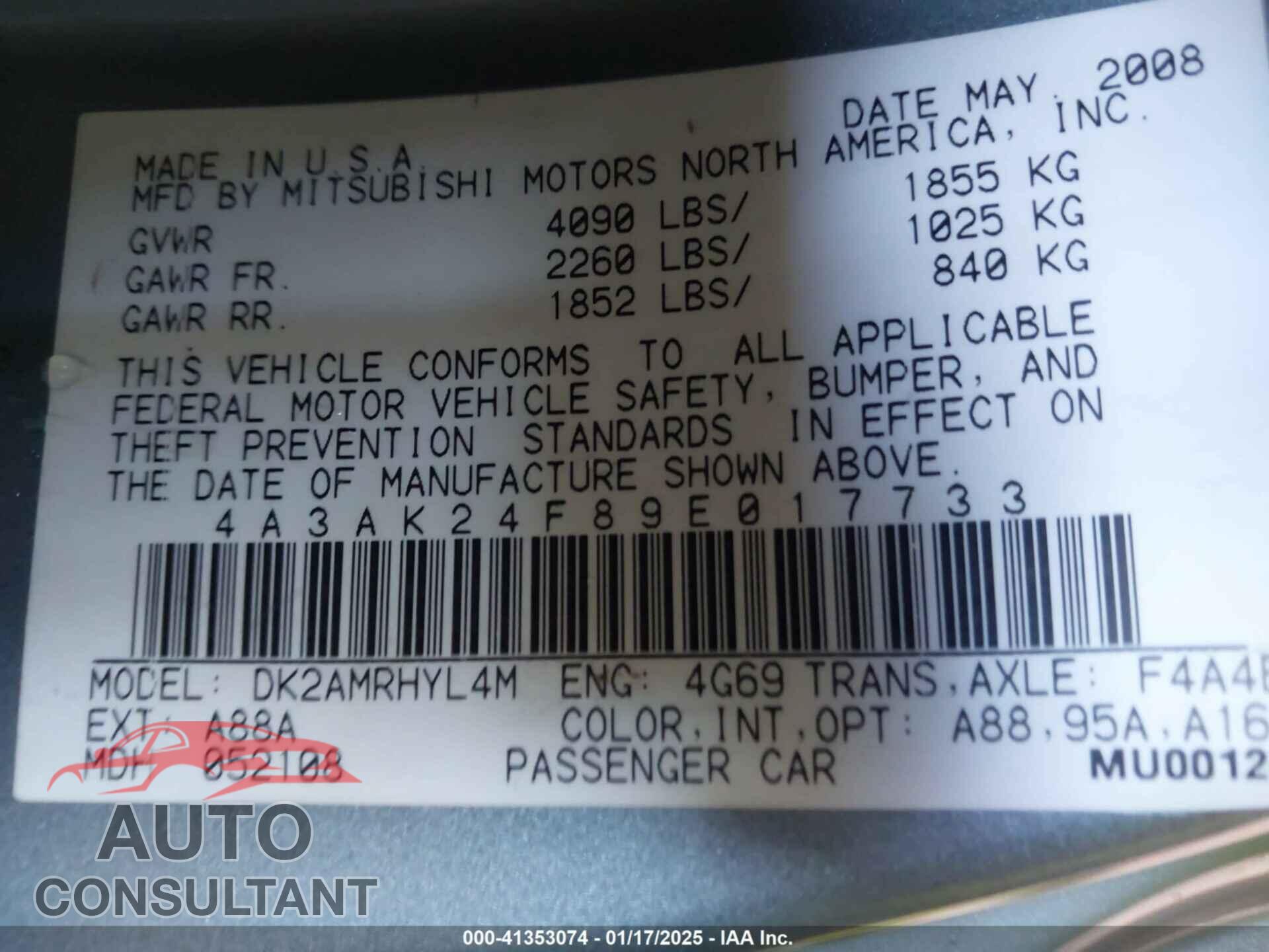 MITSUBISHI ECLIPSE 2009 - 4A3AK24F89E017733