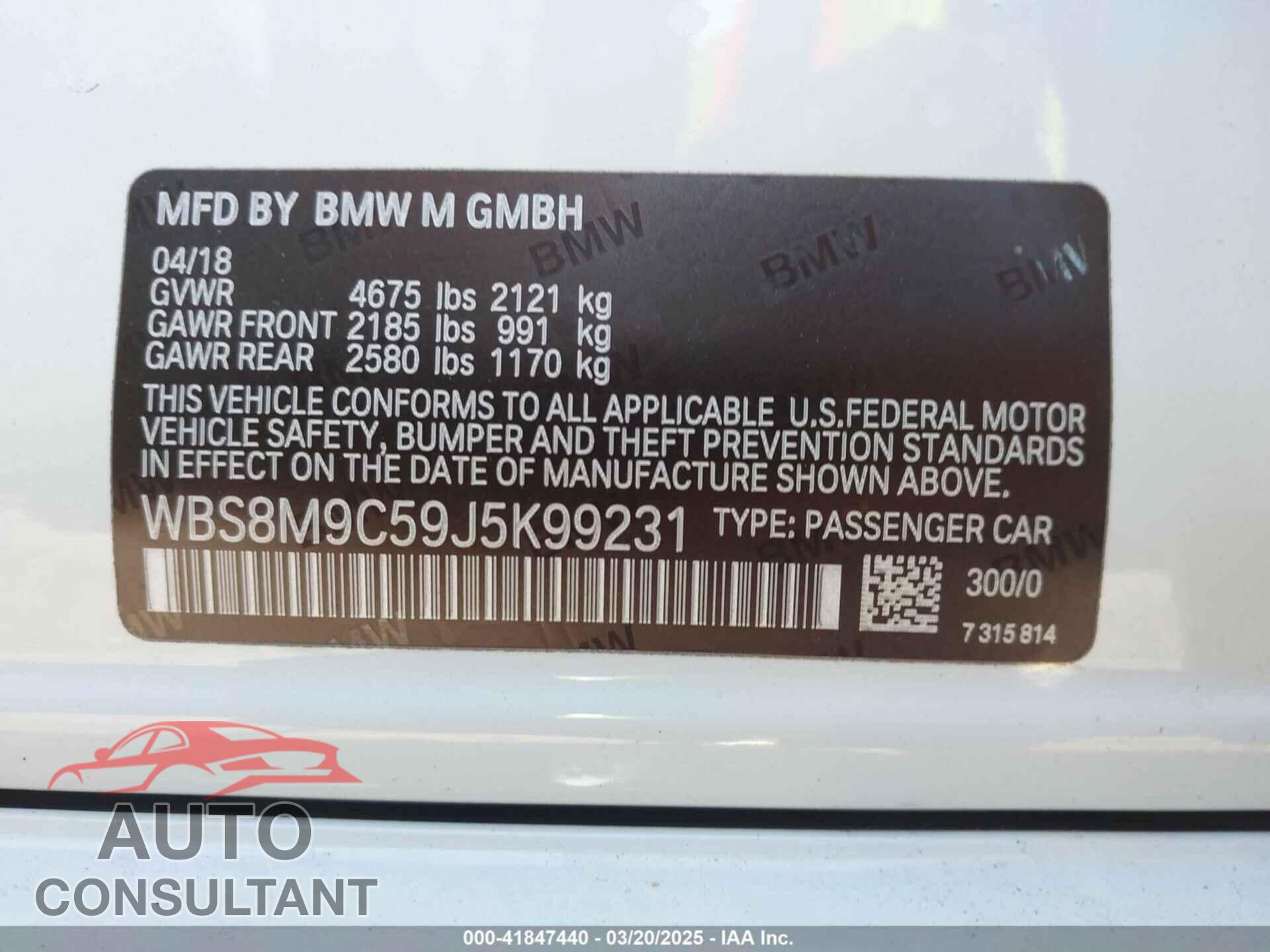 BMW M3 2018 - WBS8M9C59J5K99231