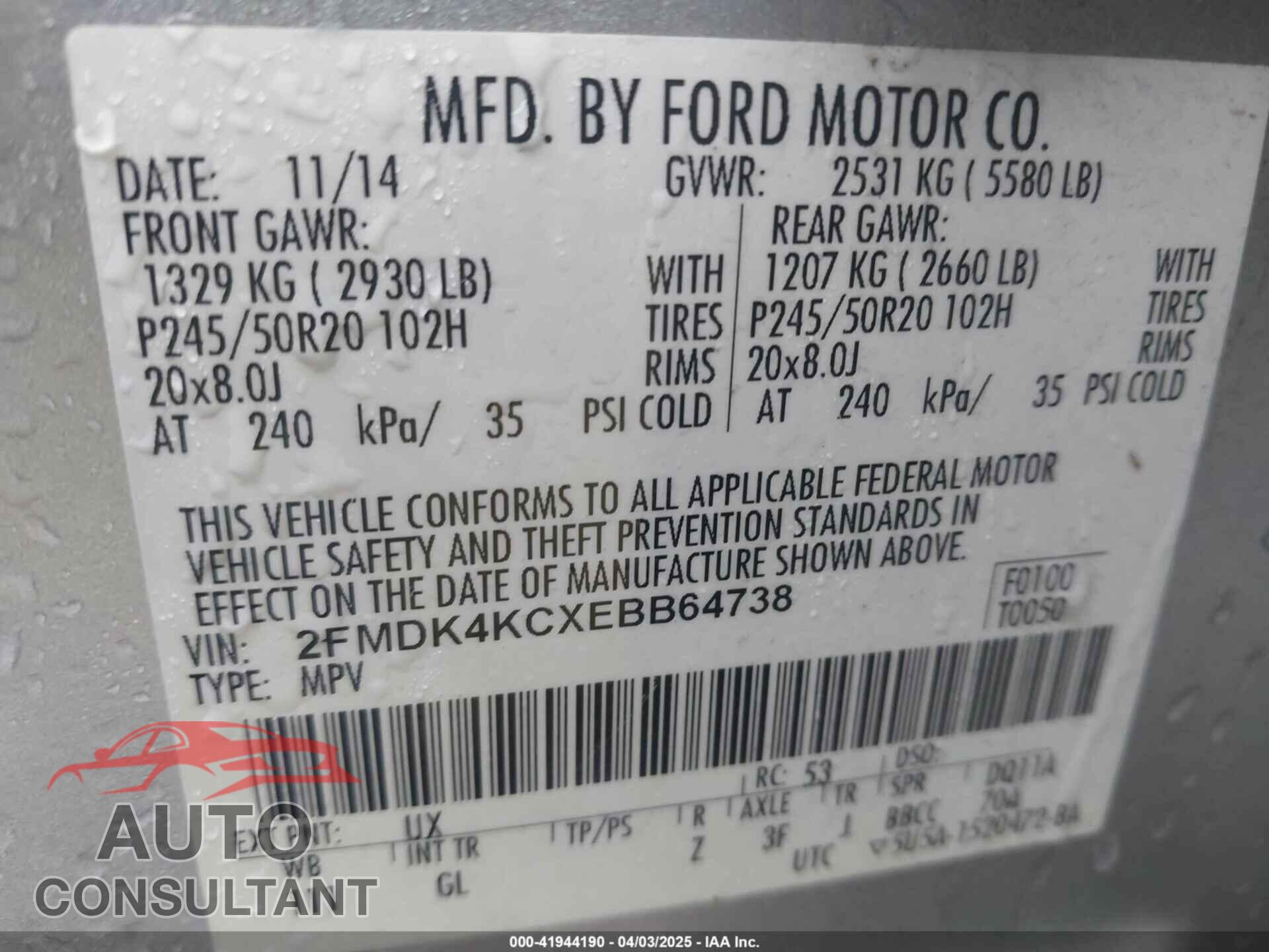 FORD EDGE 2014 - 2FMDK4KCXEBB64738