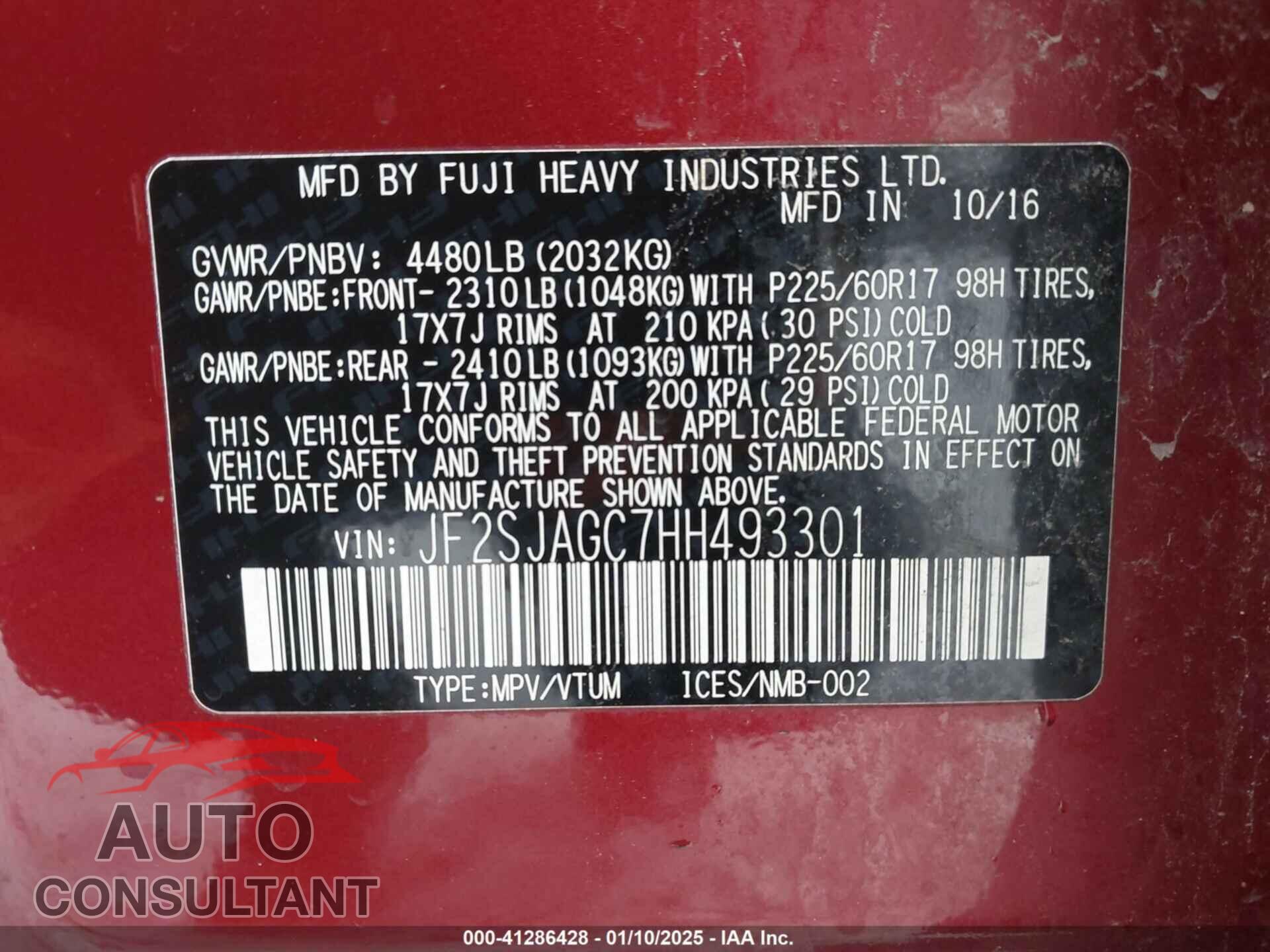 SUBARU FORESTER 2017 - JF2SJAGC7HH493301