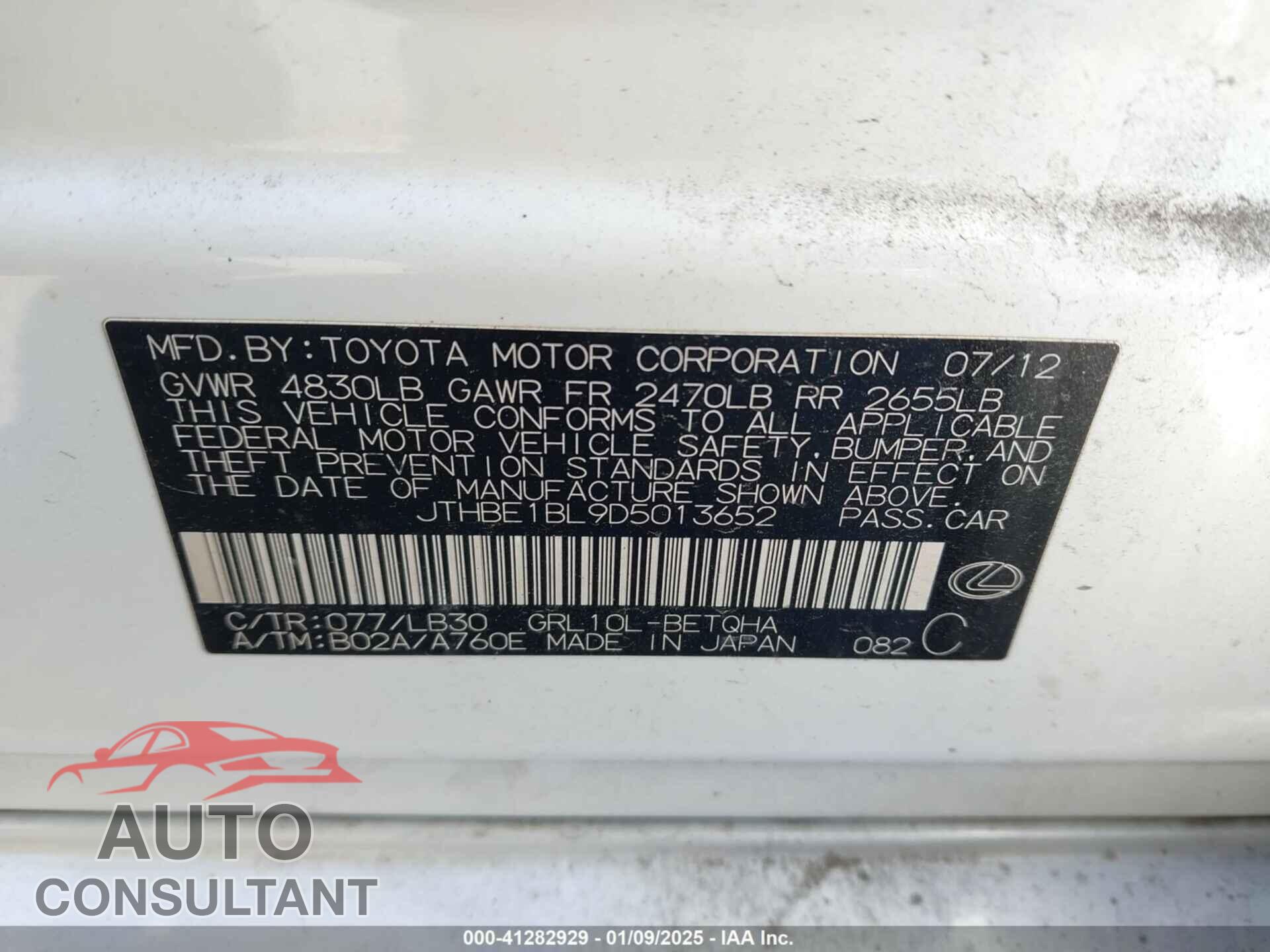 LEXUS GS 2013 - JTHBE1BL9D5013652
