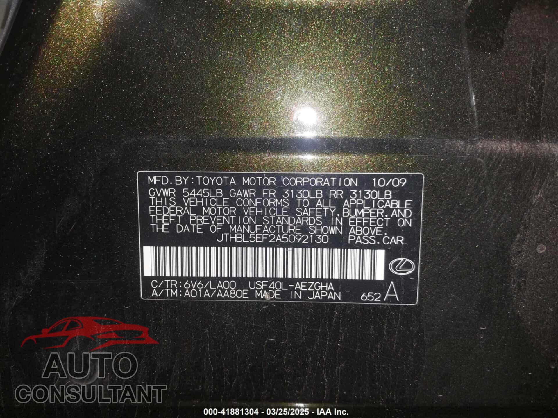 LEXUS LS 460 2010 - JTHBL5EF2A5092130