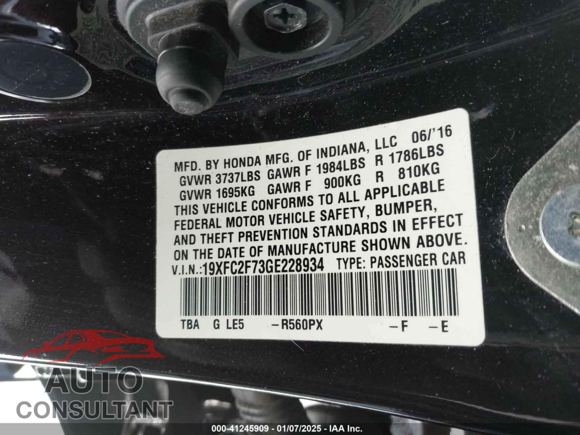 HONDA CIVIC 2016 - 19XFC2F73GE228934