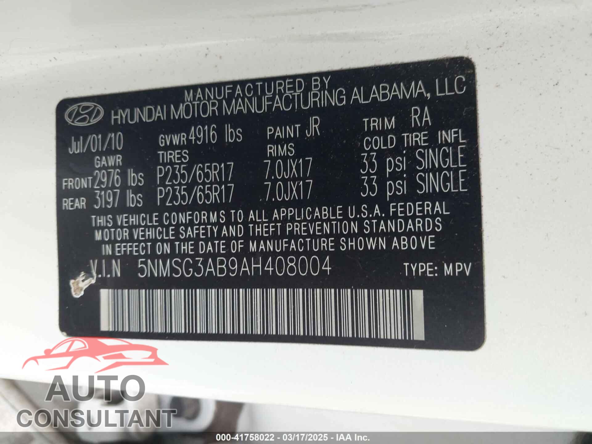 HYUNDAI SANTA FE 2010 - 5NMSG3AB9AH408004