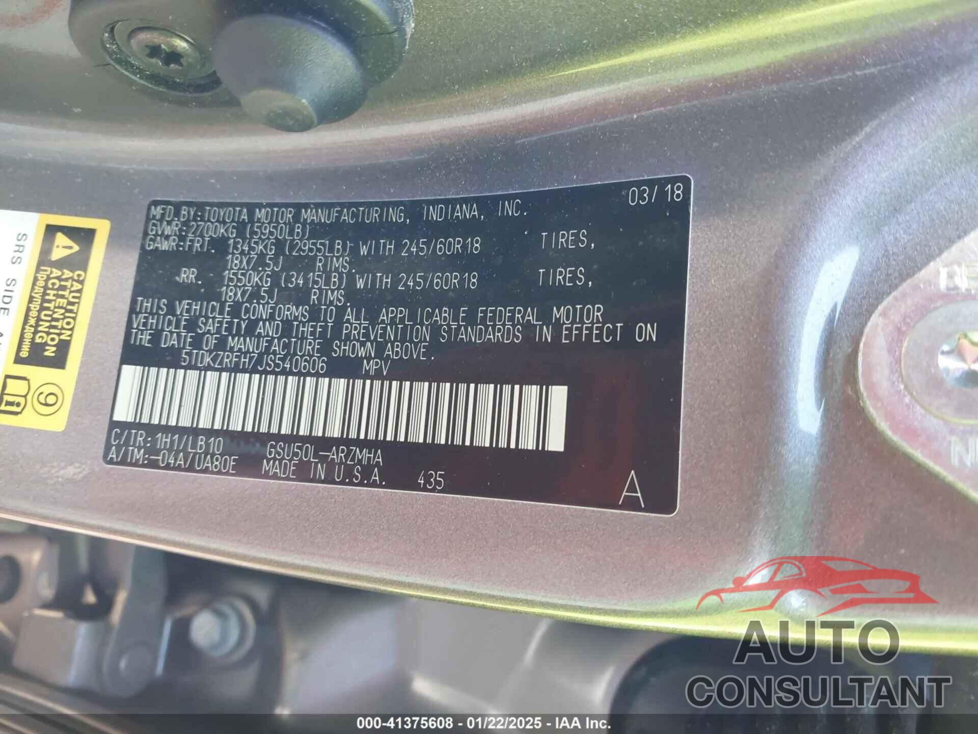 TOYOTA HIGHLANDER 2018 - 5TDKZRFH7JS540606
