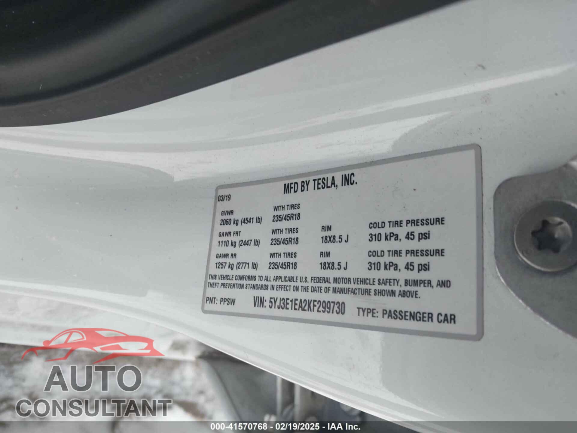 TESLA MODEL 3 2019 - 5YJ3E1EA2KF299730