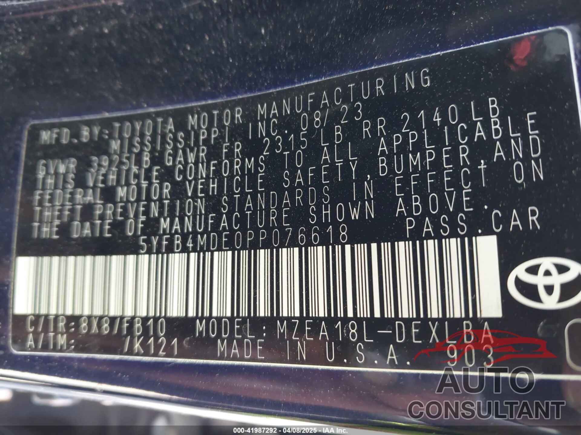 TOYOTA COROLLA 2023 - 5YFB4MDE0PP076618