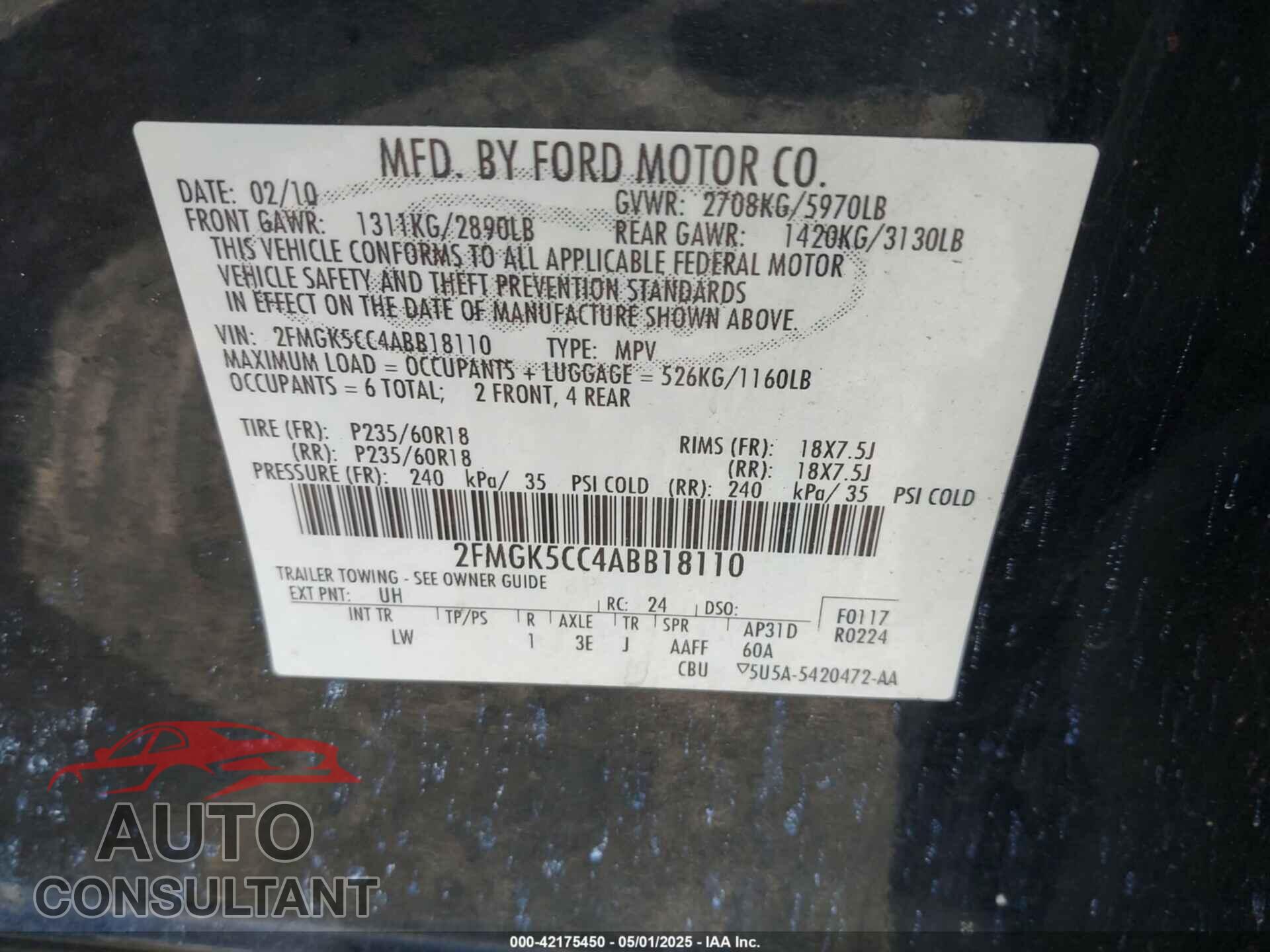 FORD FLEX 2010 - 2FMGK5CC4ABB18110