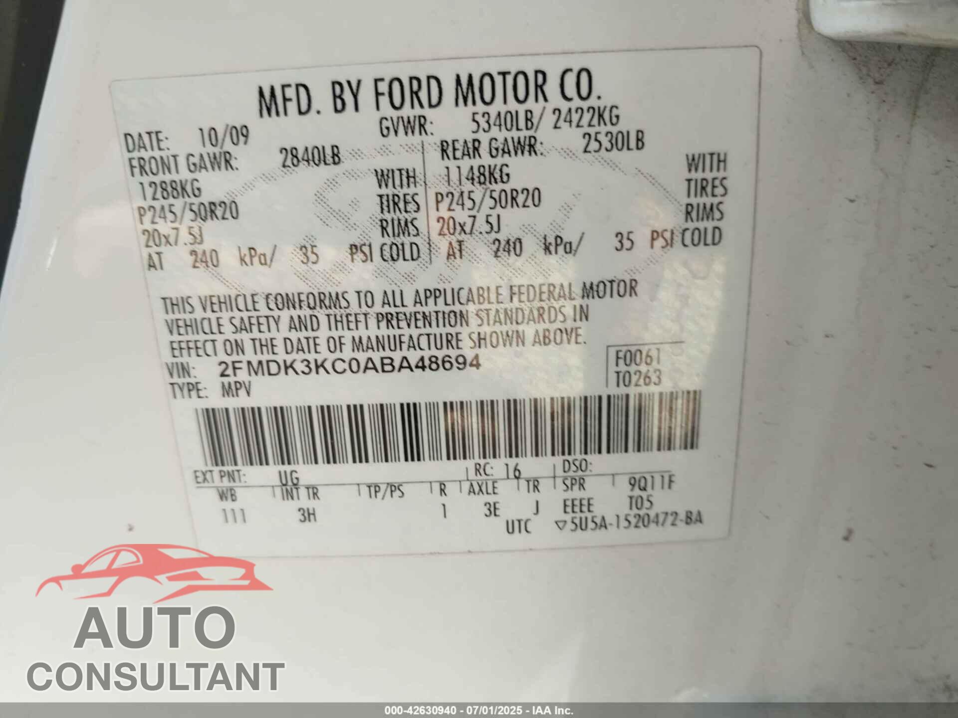 FORD EDGE 2010 - 2FMDK3KC0ABA48694