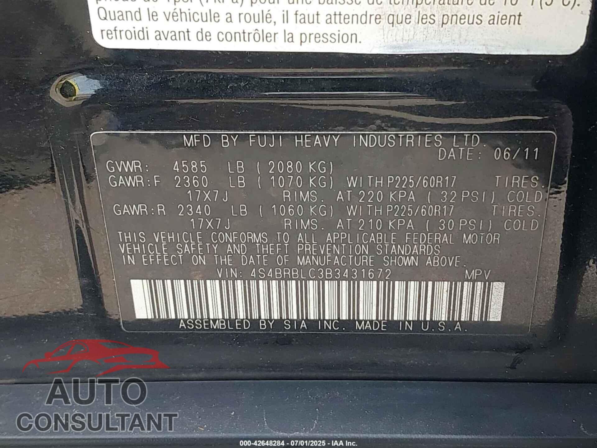 SUBARU OUTBACK 2011 - 4S4BRBLC3B3431672