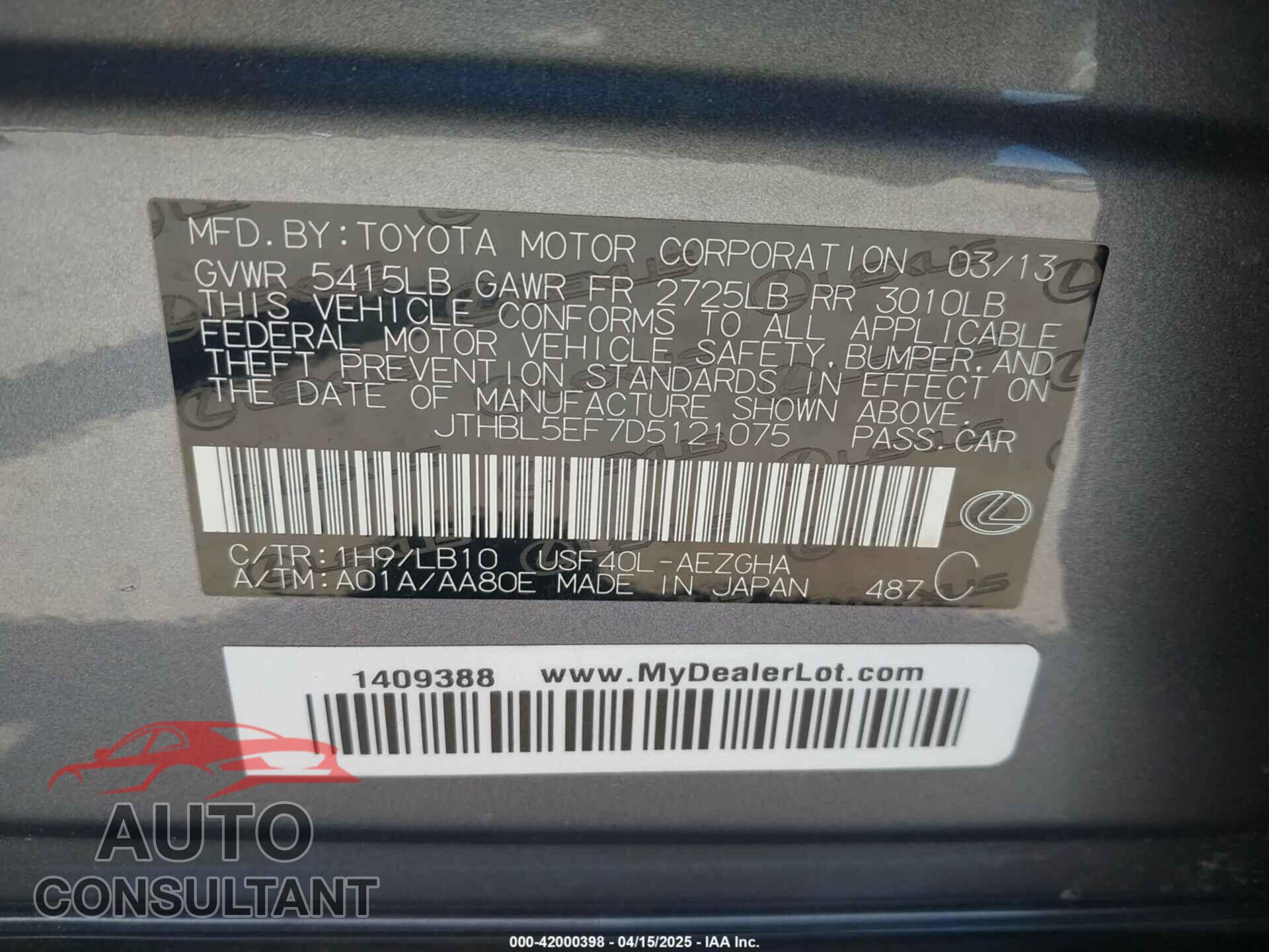 LEXUS LS 460 2013 - JTHBL5EF7D5121075