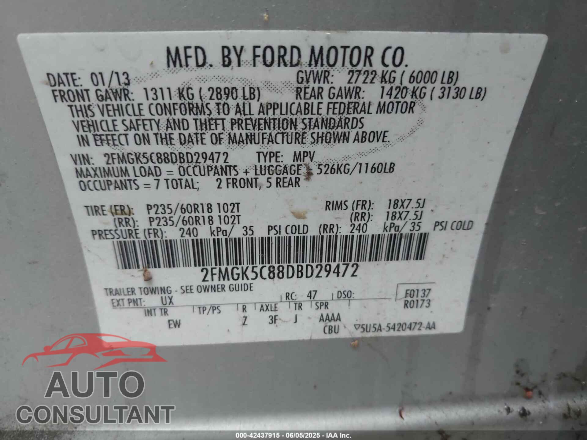 FORD FLEX 2013 - 2FMGK5C88DBD29472
