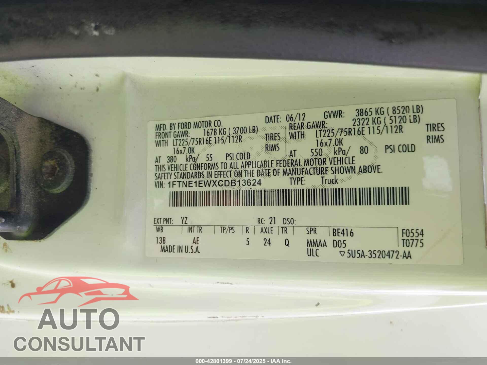 FORD E-150 2012 - 1FTNE1EWXCDB13624
