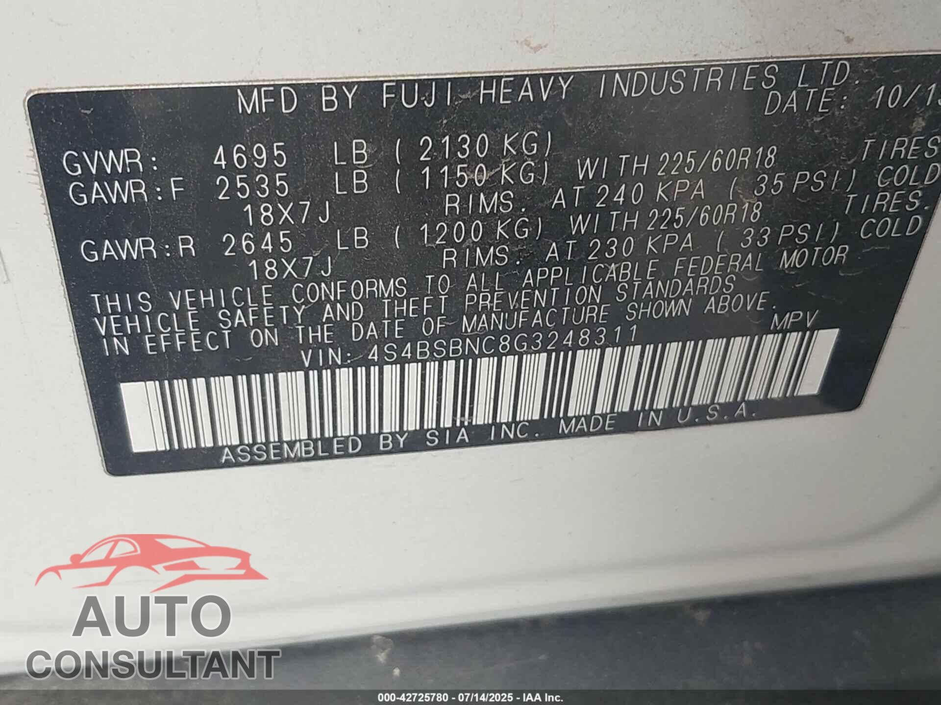 SUBARU OUTBACK 2016 - 4S4BSBNC8G3248311