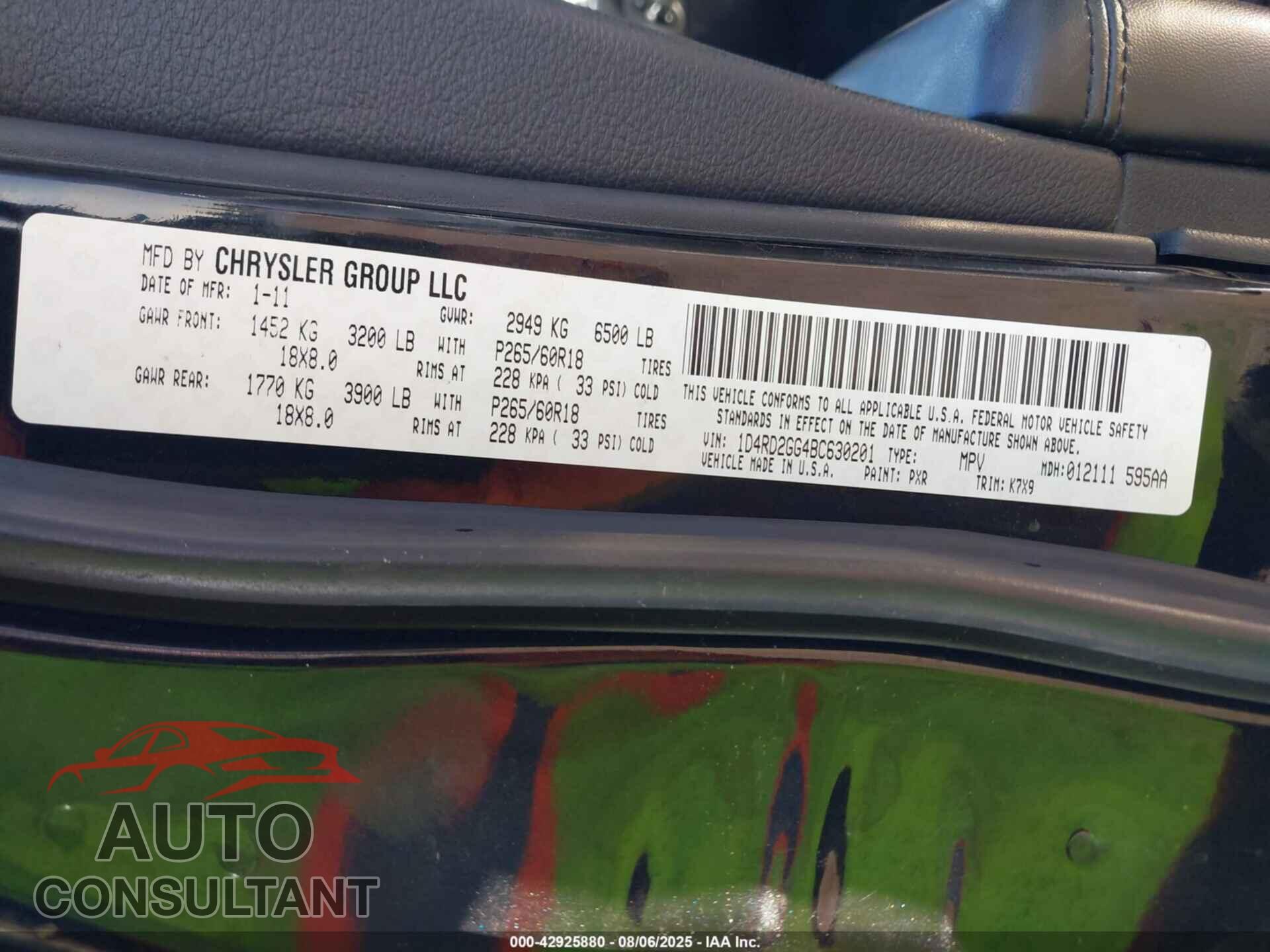 DODGE DURANGO 2011 - 1D4RD2GG4BC630201