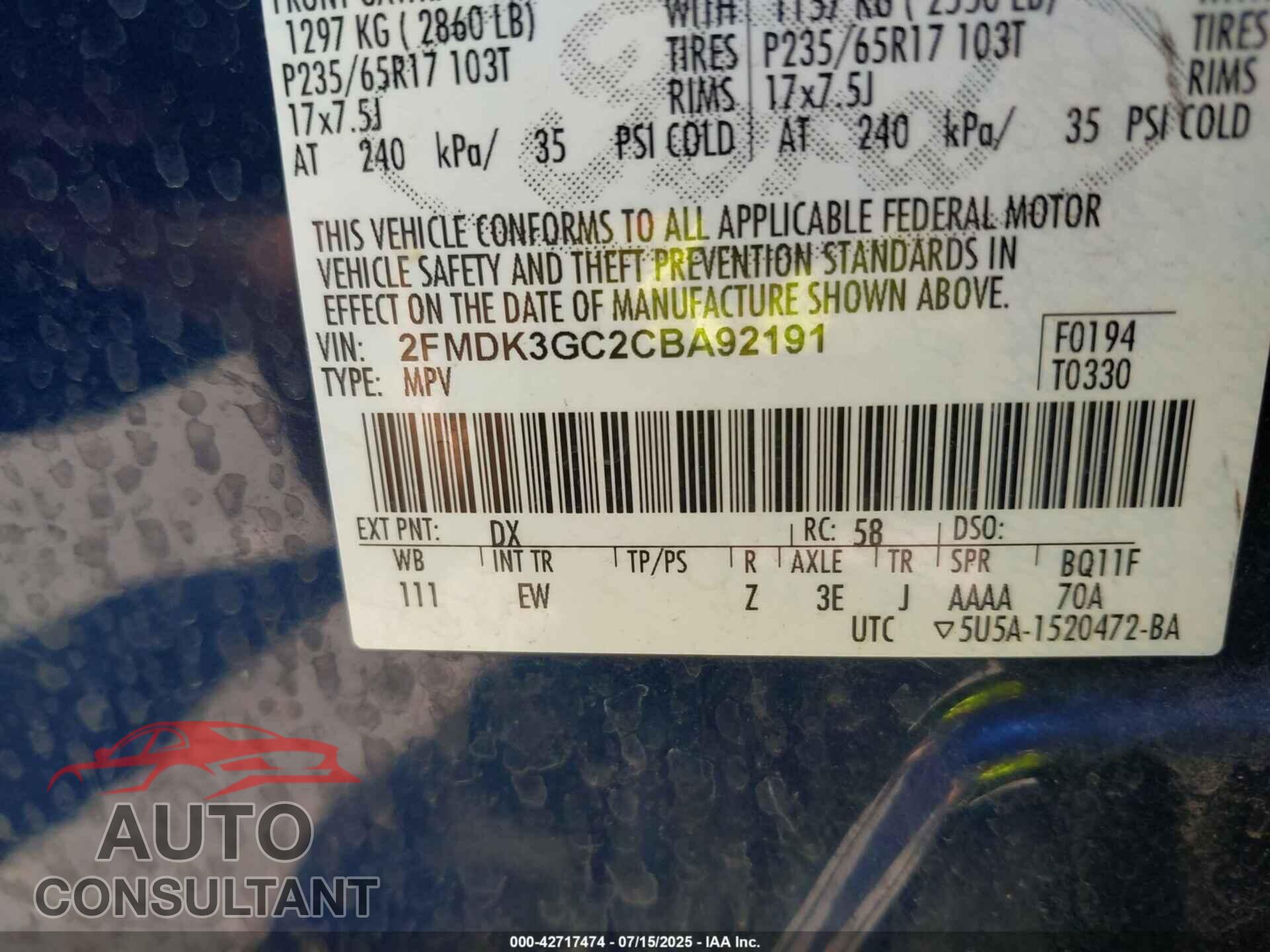 FORD EDGE 2012 - 2FMDK3GC2CBA92191