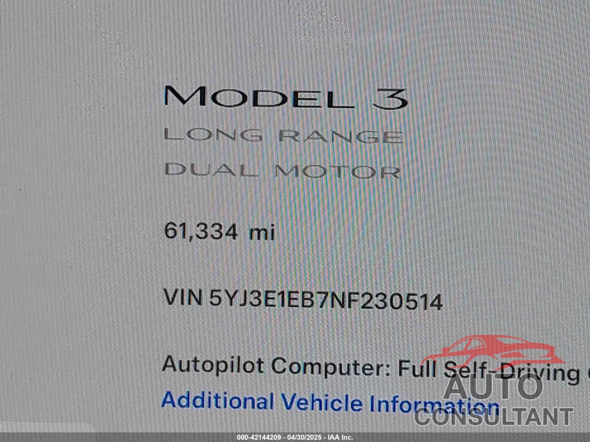 TESLA MODEL 3 2022 - 5YJ3E1EB7NF230514