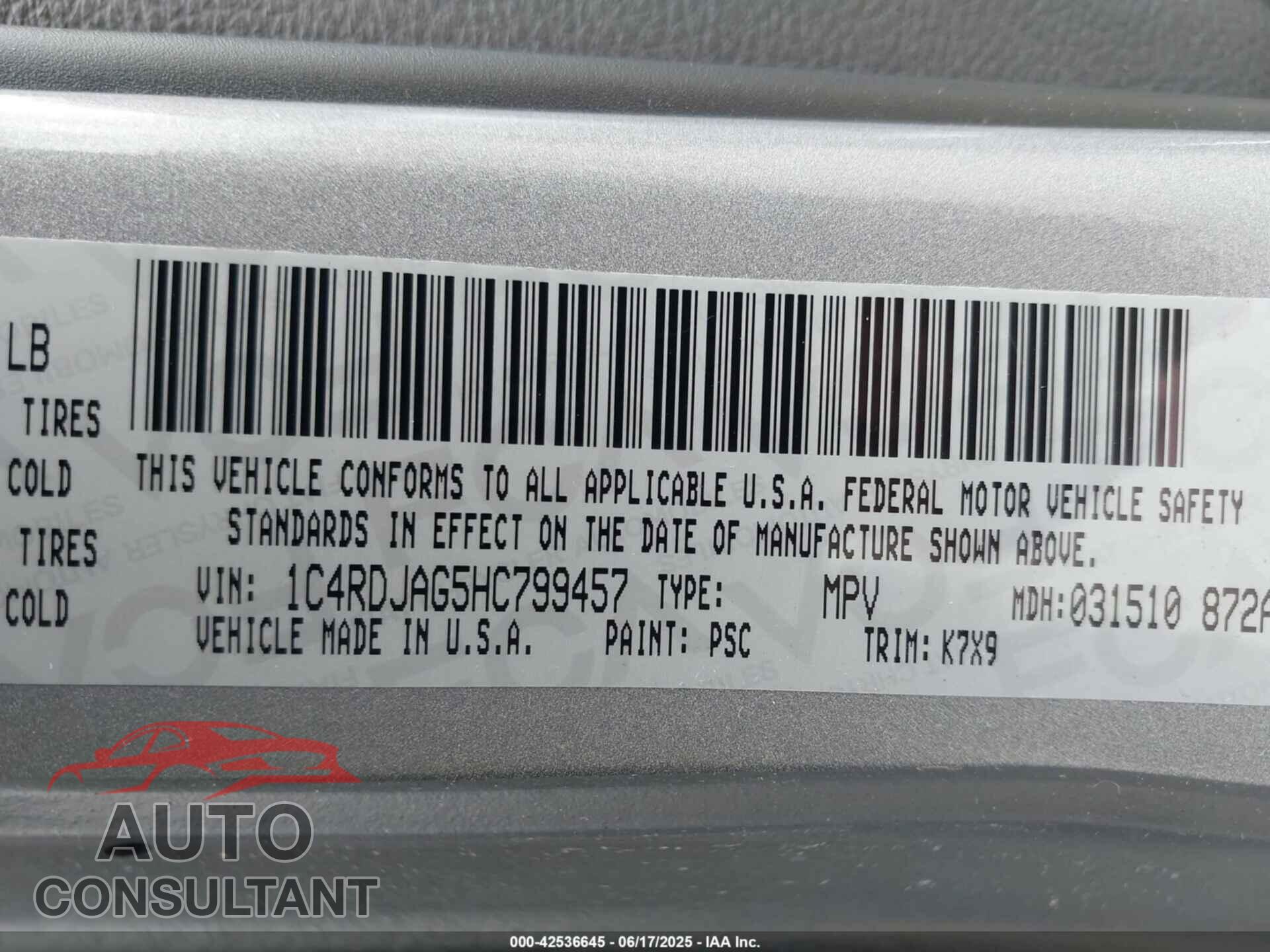 DODGE DURANGO 2017 - 1C4RDJAG5HC799457