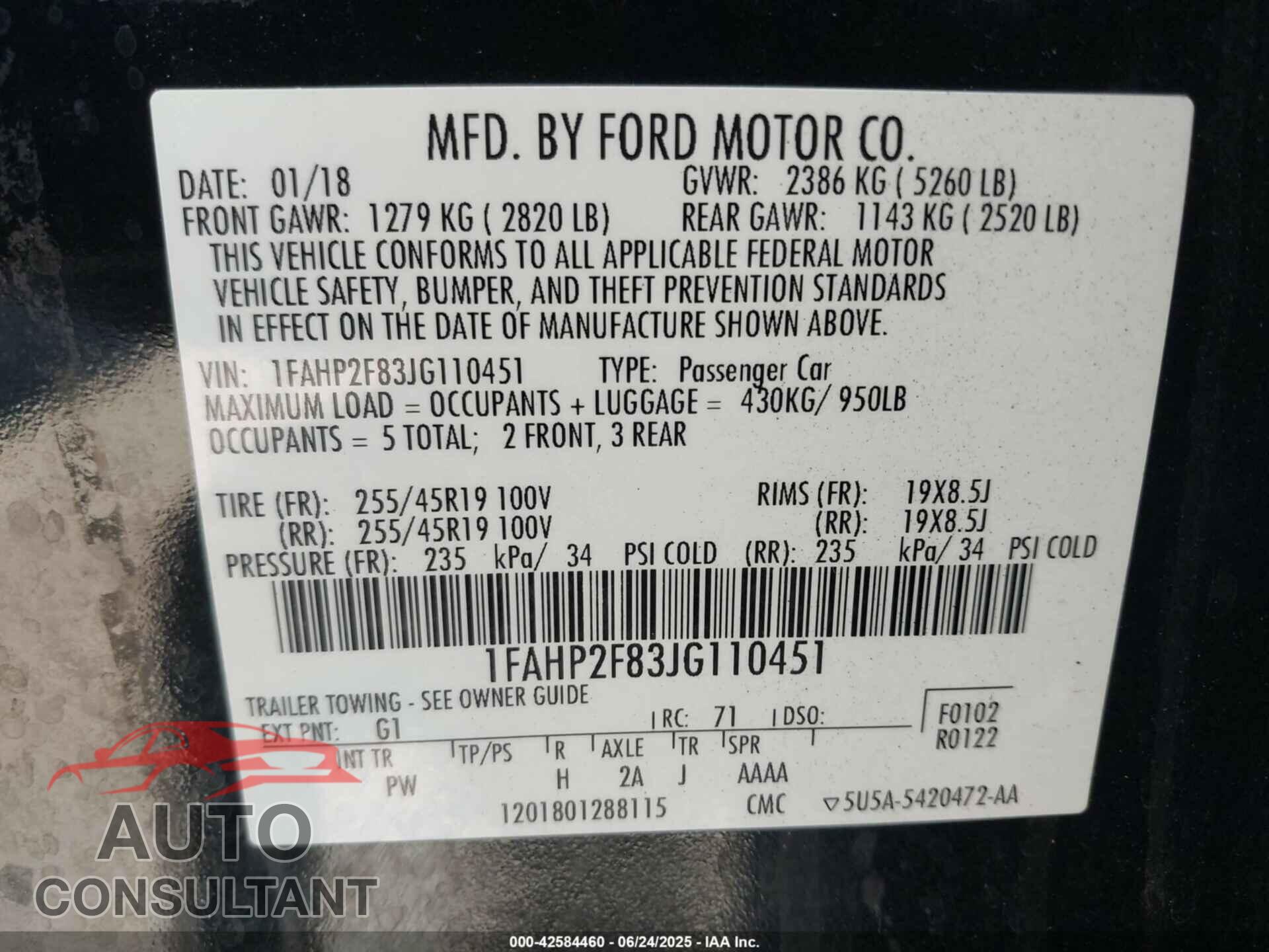 FORD TAURUS 2018 - 1FAHP2F83JG110451