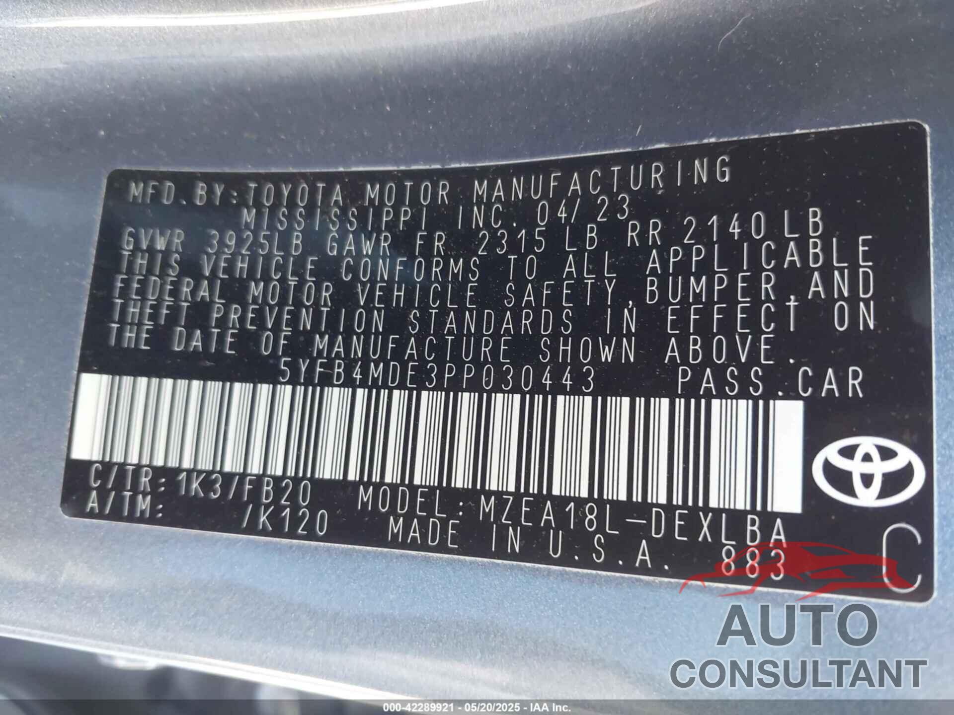 TOYOTA COROLLA 2023 - 5YFB4MDE3PP030443