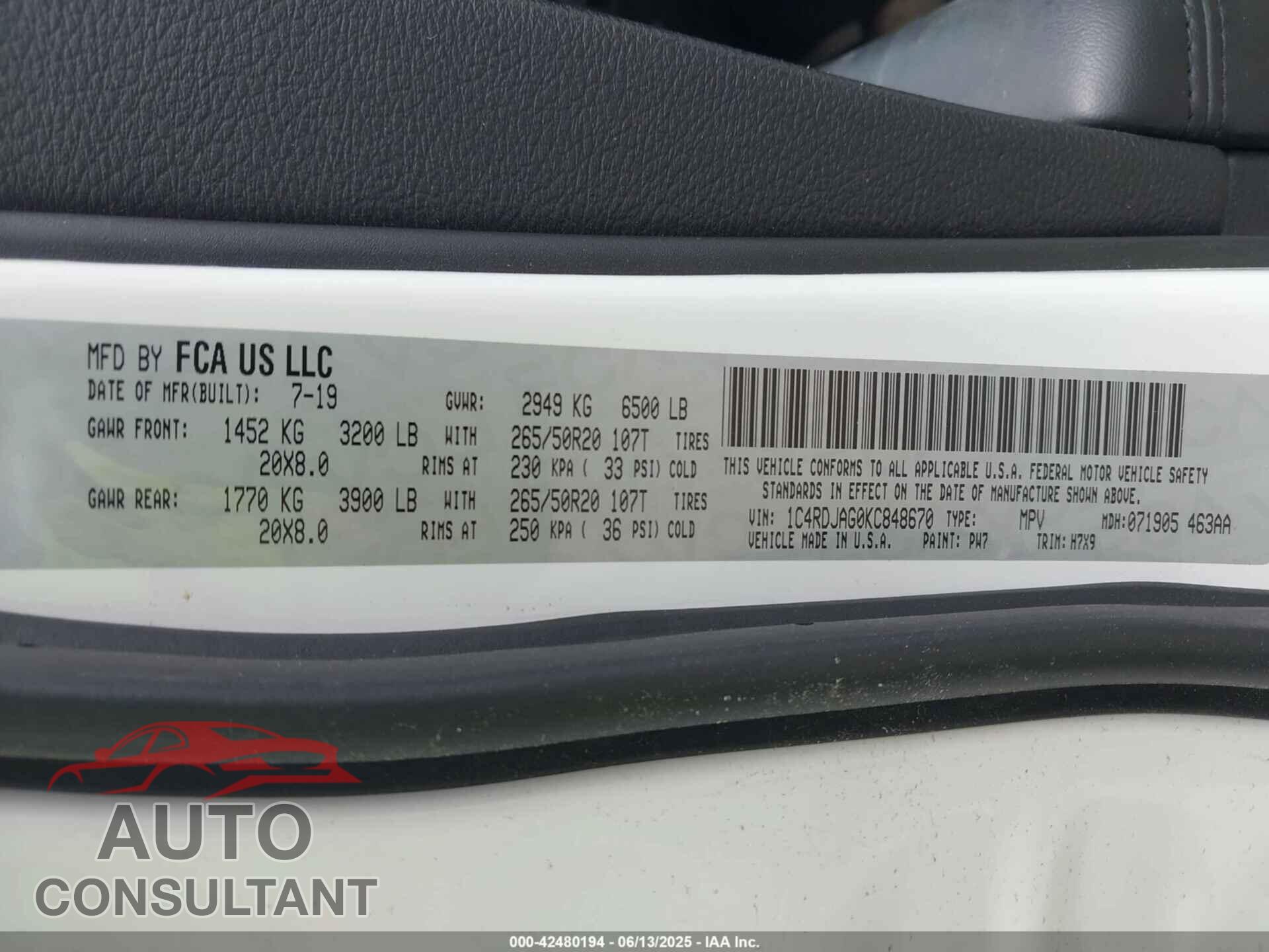 DODGE DURANGO 2019 - 1C4RDJAG0KC848670