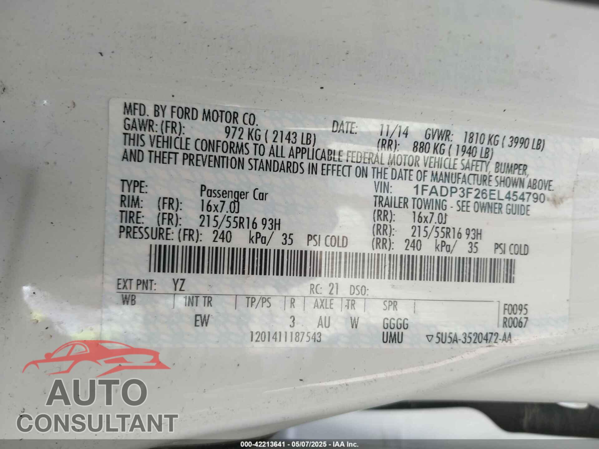 FORD FOCUS 2014 - 1FADP3F26EL454790